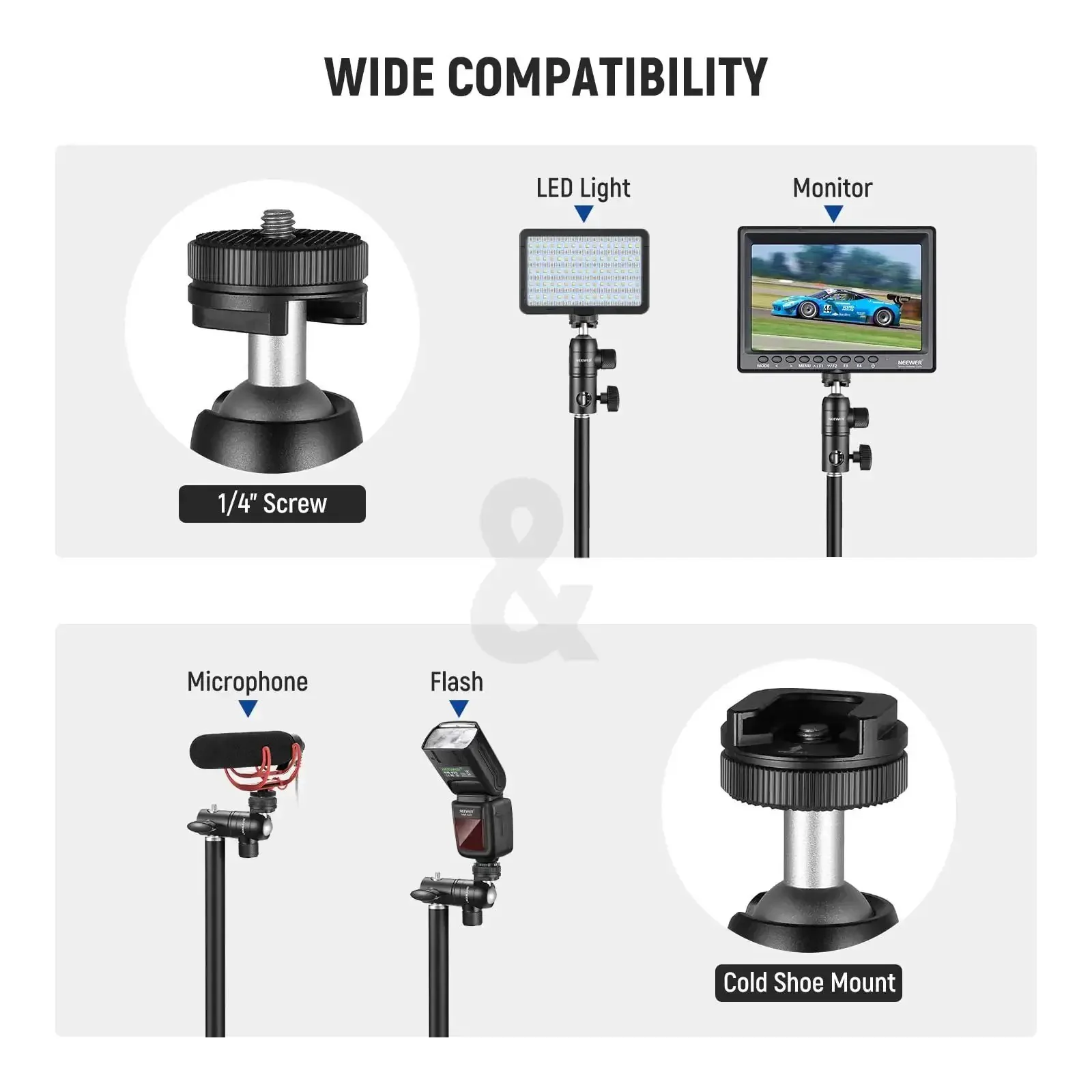 Light Stand Mount Adapter With Cold Shoe And Quarter Inch Screw Mini Ball Head, Reversible Mounting Plate For Camera Monitors, Ring Lights, And More, Fits Flat Head Stands, Boom Arms, C Stands, Supports Up To 22Lb - Image 7