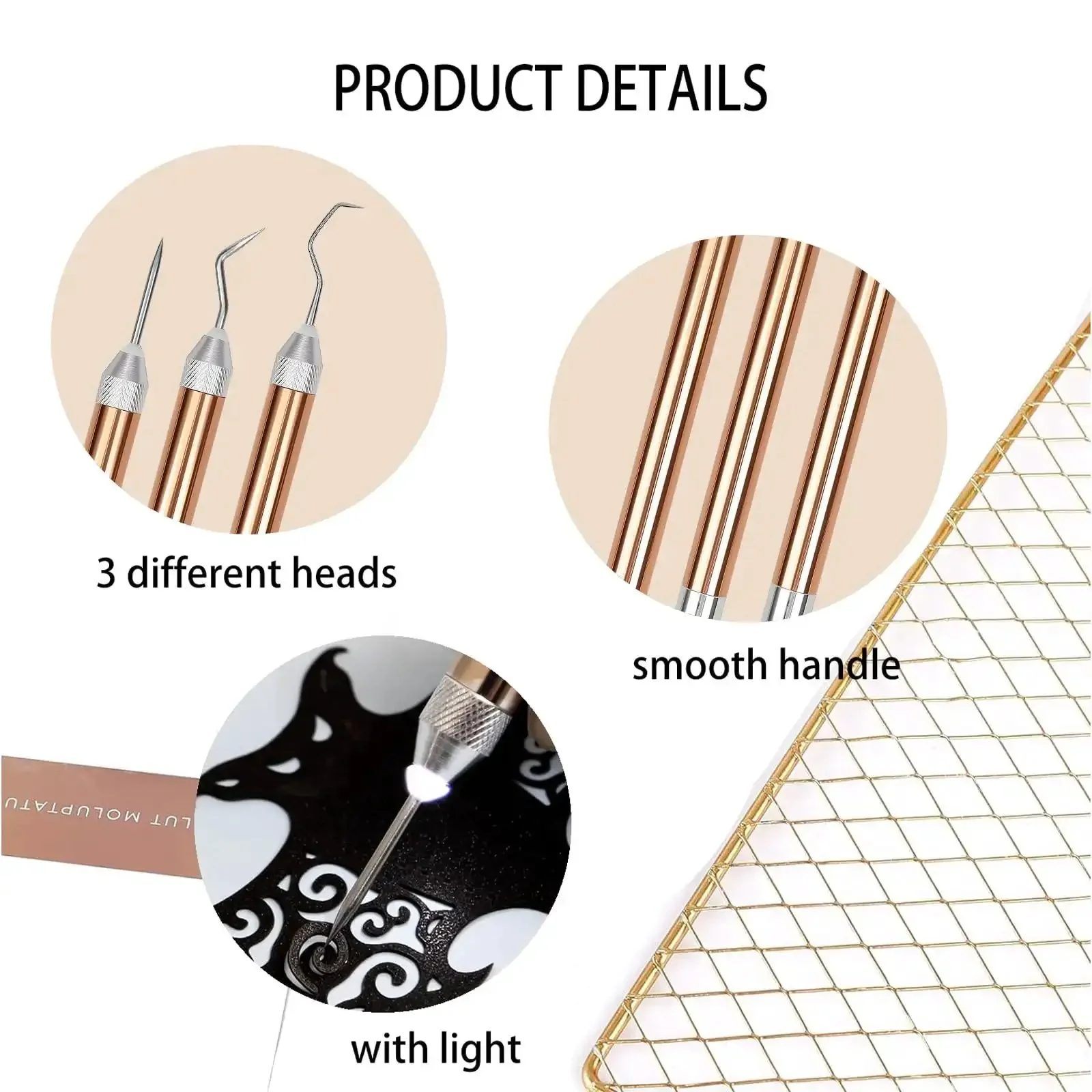 Lighted Vinyl Weeding Tools Set 3 Piece Pin And Hook Led Pen For Easy Iron On Removal Tiny Vinyl Paper Silhouette Work Rose Gold Finish Great For Cricut And Silhouette Cutting Machines - Image 4