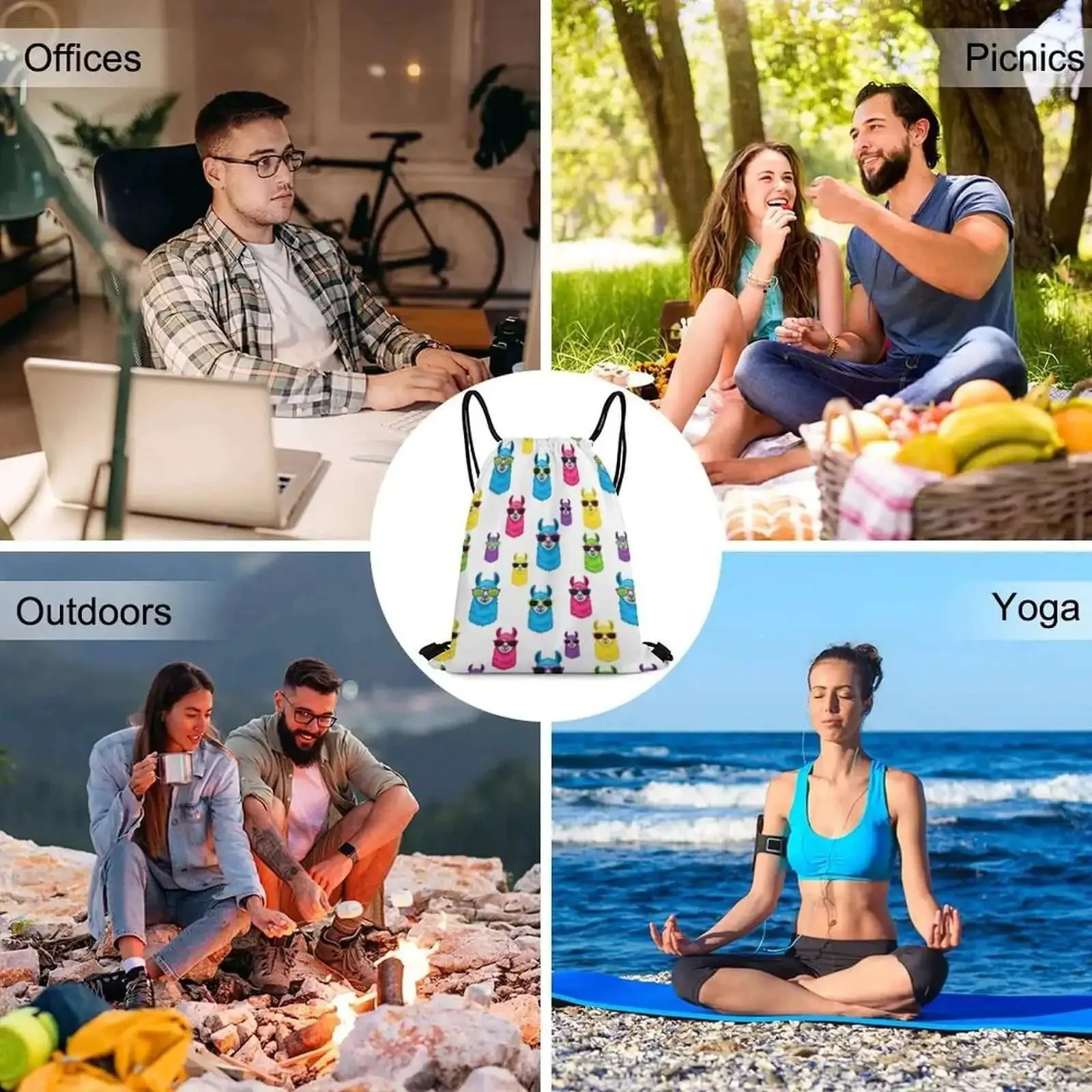 Lightweight Drawstring Sackpack For Gym And Travel Durable Polyester Secure Braided Drawstring To Keep Belongings Safe Ideal Beach Bag Everyday Use With Rainbow Llama Sunglasses Design - Image 3