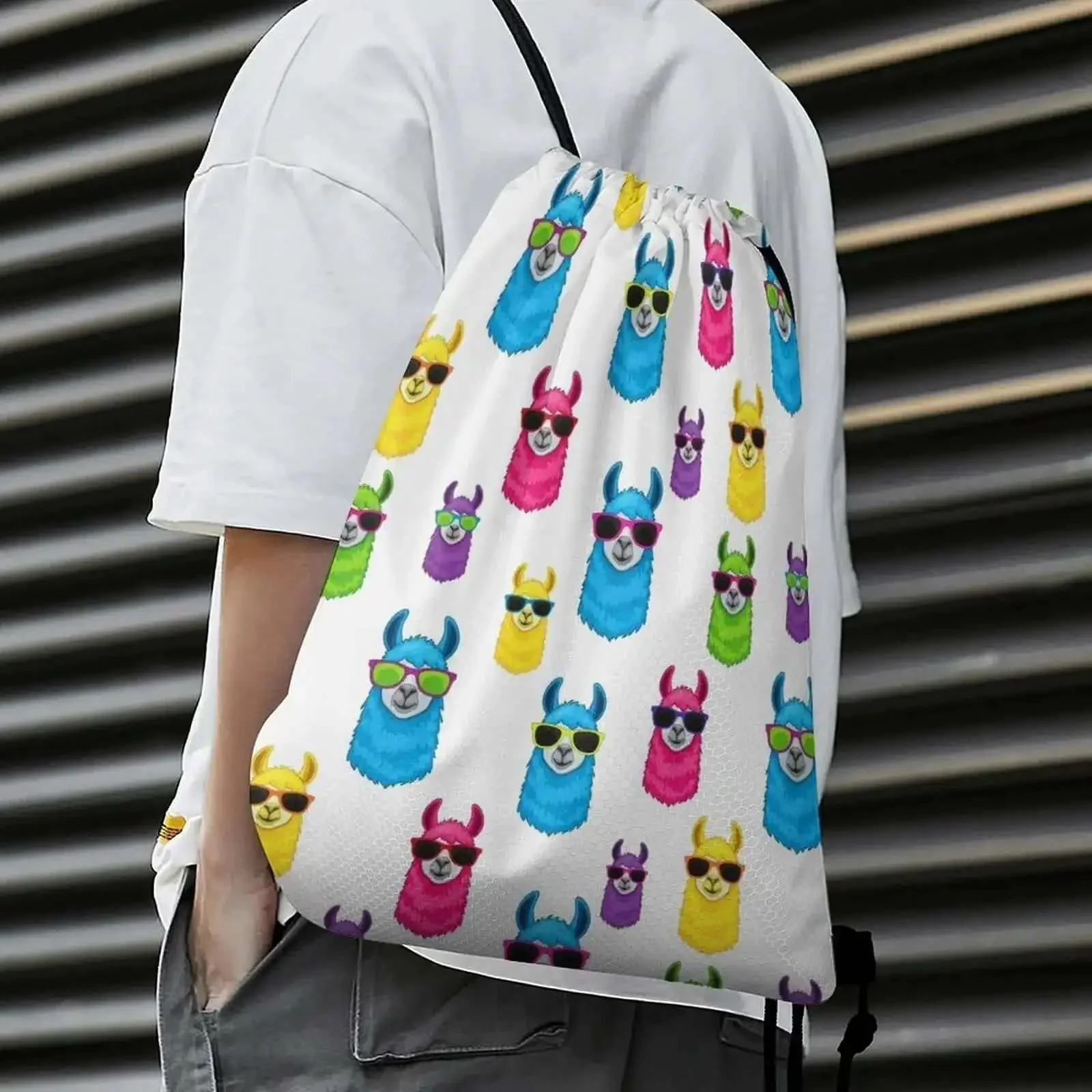 Lightweight Drawstring Sackpack For Gym And Travel Durable Polyester Secure Braided Drawstring To Keep Belongings Safe Ideal Beach Bag Everyday Use With Rainbow Llama Sunglasses Design - Image 4