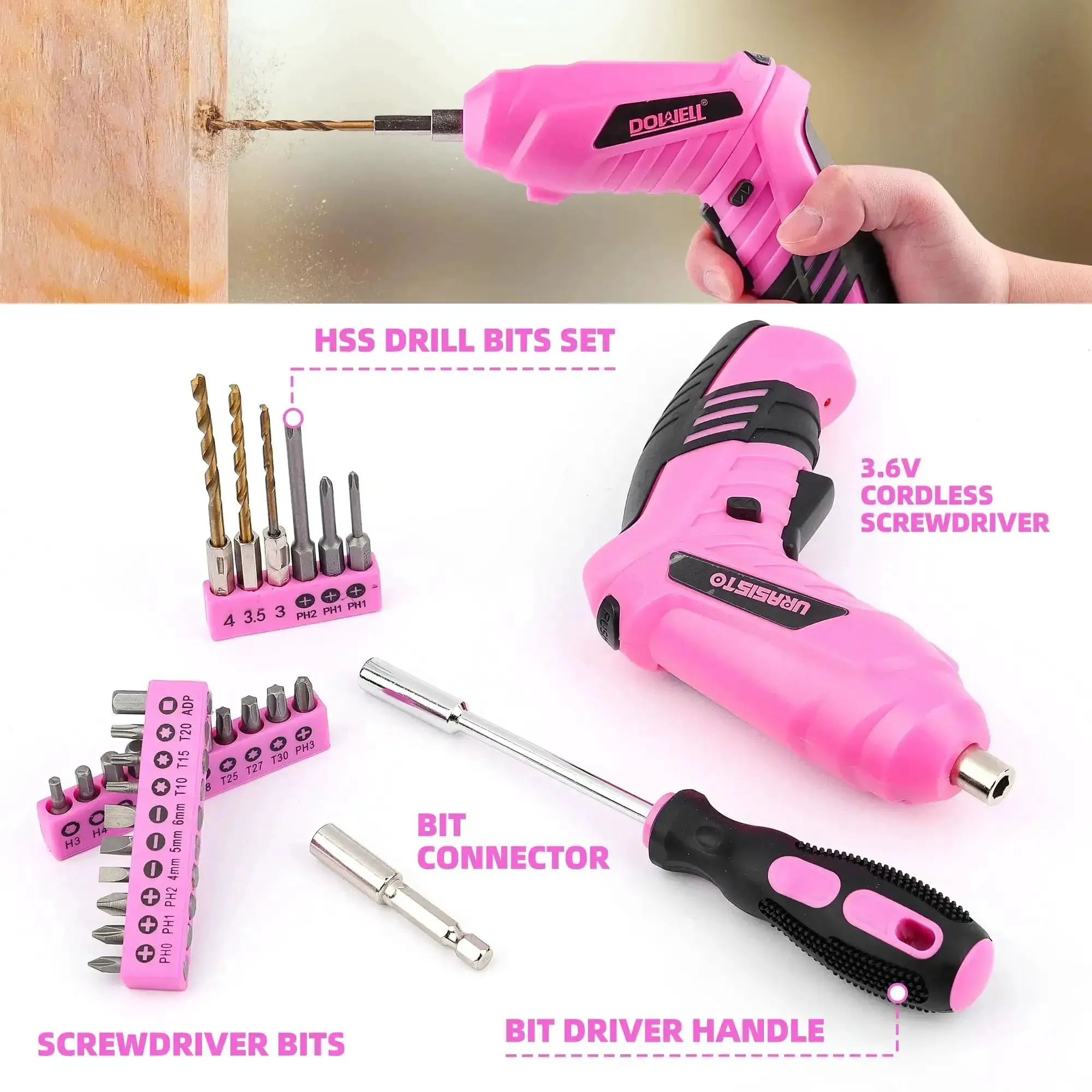 Lightweight Pink Cordless USB Electric Screwdriver Kit With 3.6V Drill Driver For Home DIY Women Friendly Tool Set Easy To Use Lithium Ion Power Great For Screws Wood And Plastic Projects - Image 3