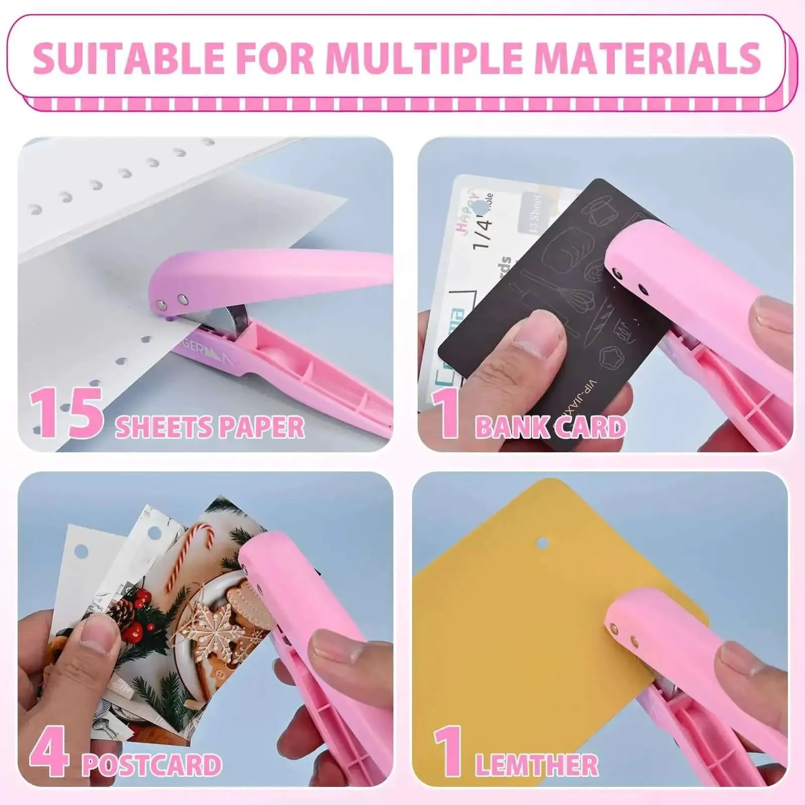 Lightweight Pink One Quarter Inch Hole Punch For Paper Cards And Cardboard With Fifteen Sheet Capacity Easy Grip No Jam Labor Saving Hole Puncher Featuring U Shaped Cutter Head Perfect For Office And School Use - Image 4