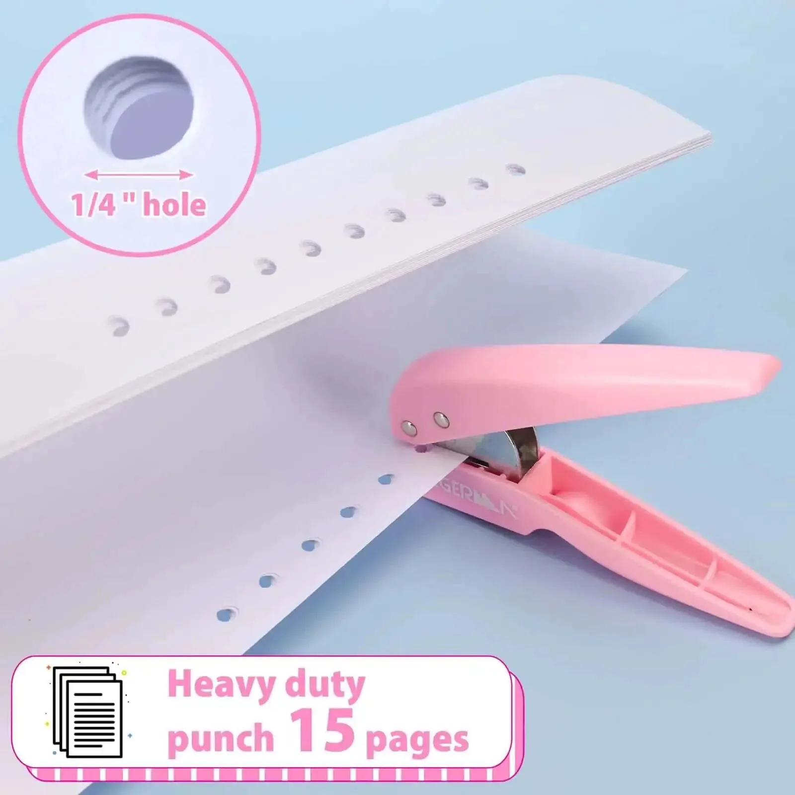 Lightweight Pink One Quarter Inch Hole Punch For Paper Cards And Cardboard With Fifteen Sheet Capacity Easy Grip No Jam Labor Saving Hole Puncher Featuring U Shaped Cutter Head Perfect For Office And School Use - Image 7