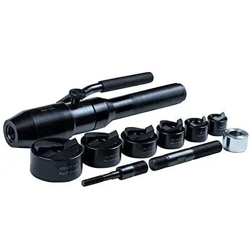 Lightweight Tuff Hydraulic Knockout Punch With Swivel Head And Type C Punch Die Set For Fast One Person Knockouts, Includes 1/2, 3/4, 1, 1-1/4, 1-1/2, 2 Inch Round Punches, Draw Studs, Spacer And Blow Mold Case - Image 4
