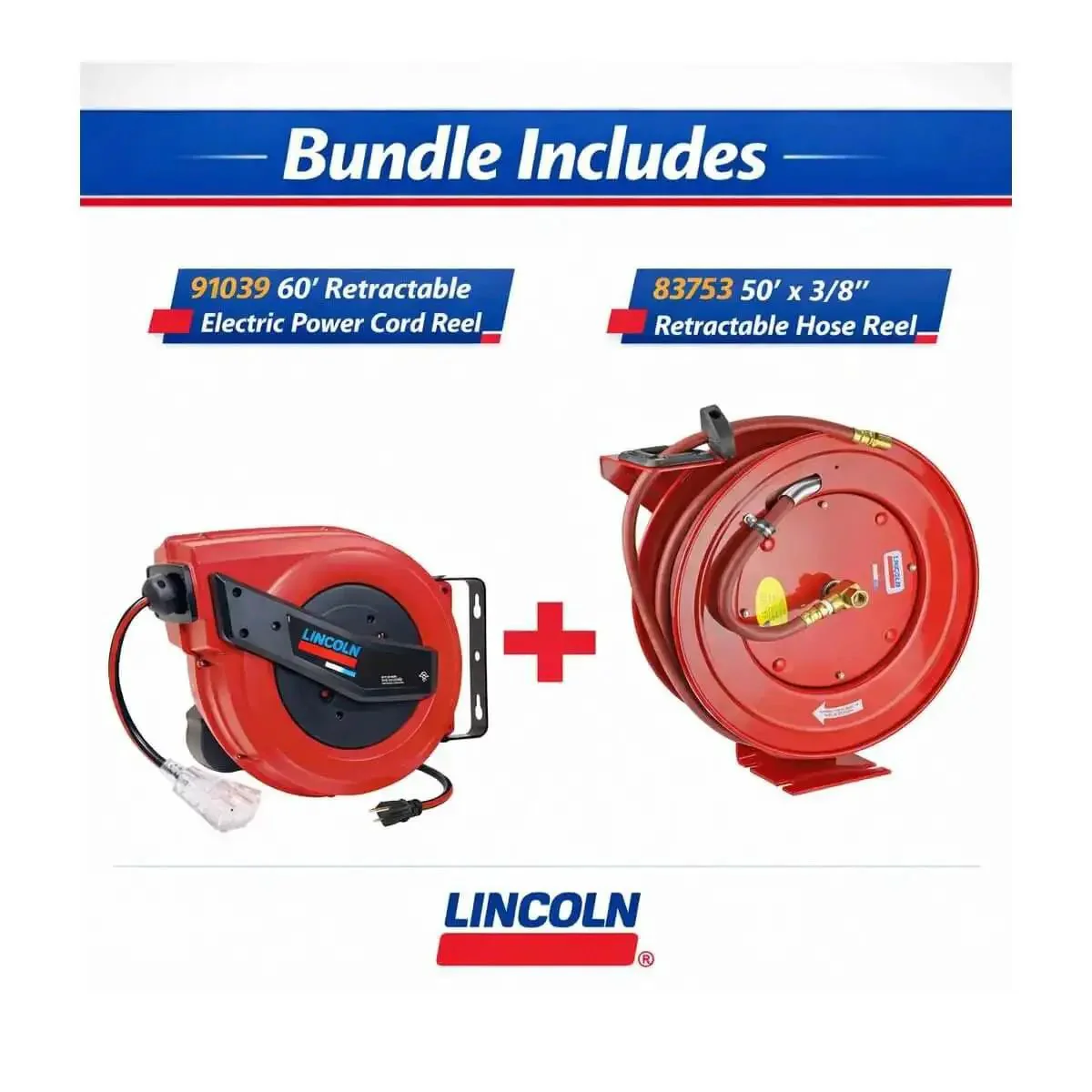 Lincoln 1220B Pro Shop Utility Reel Kit With Air Water Retractable Hose Reel 50 Ft And 60 Ft Tri Tap Power Cord Reel Auto Guide Rewind Magnetic Brake For Industrial Garage Use - Image 6