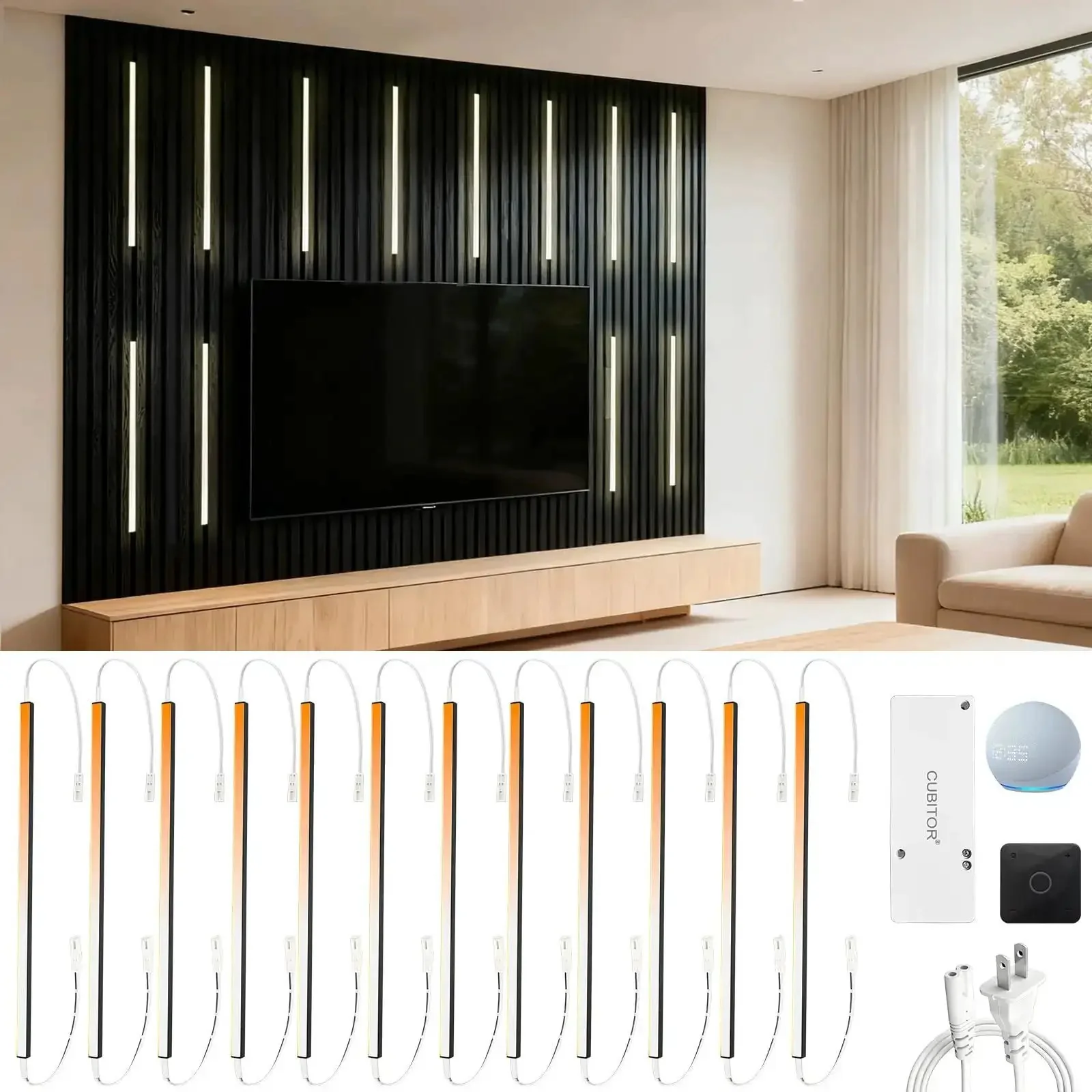 Linkable 15 Foot CCT COB LED Light Bar Kit With 12 Bars 2700K To 6500K Tunable White High CR90 Plus Color Rendering 12V 50W Smart Transformer RF Remote And Alexa Voice Control For Wood Slat Walls Cabinet DIY Lighting Black Channel