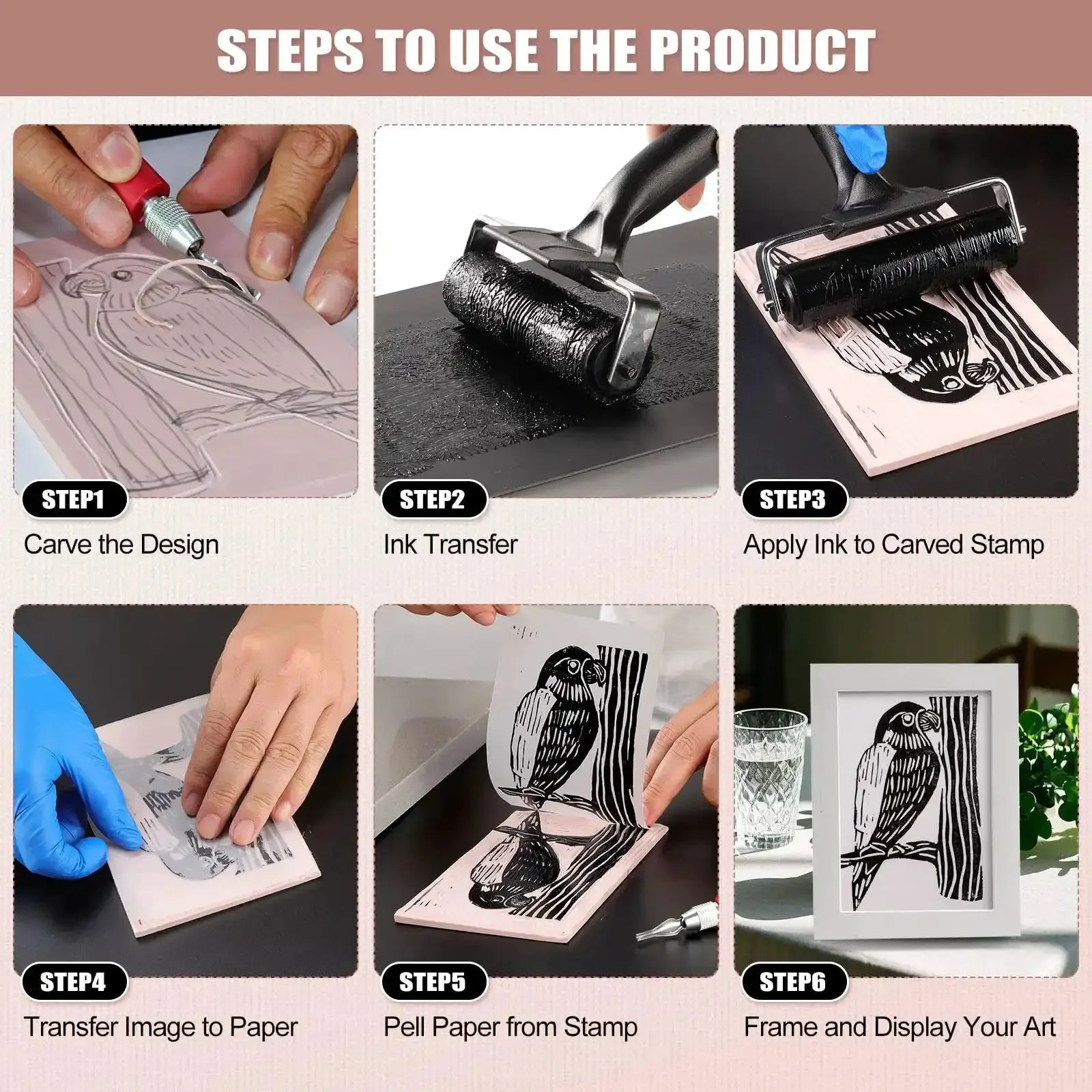 Linoleum Block Printmaking Kit With Four Color Ink Linocut Tools Brayer And Baren Ink Plate Transfer Papers Sharpener Stone And Rubber Stamp Craft Set For Kids DIY Gift - Image 3