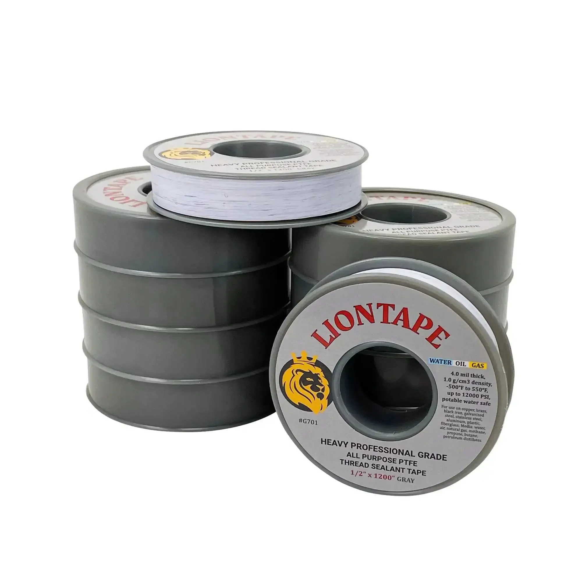 Liontape G701 Heavy Duty PTFE Teflon Pipe Thread Sealant Tape Half Inch By Twelve Hundred Inches 4 Mil Thick 100 Ft Leak Proof Water Oil Gas Up To 12000 PSI Grey