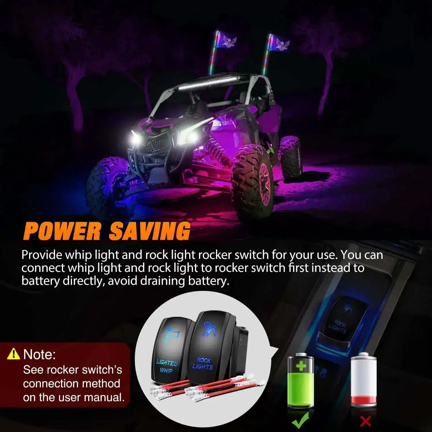 Lit 3Ft RGB LED Whip Light And Four Pack Rock Lights Kit With Bluetooth App And Remote Control DIY Chasing Patterns Stop Turn Reverse Safety Antenna Lighted Whips For ATV UTV - Image 2