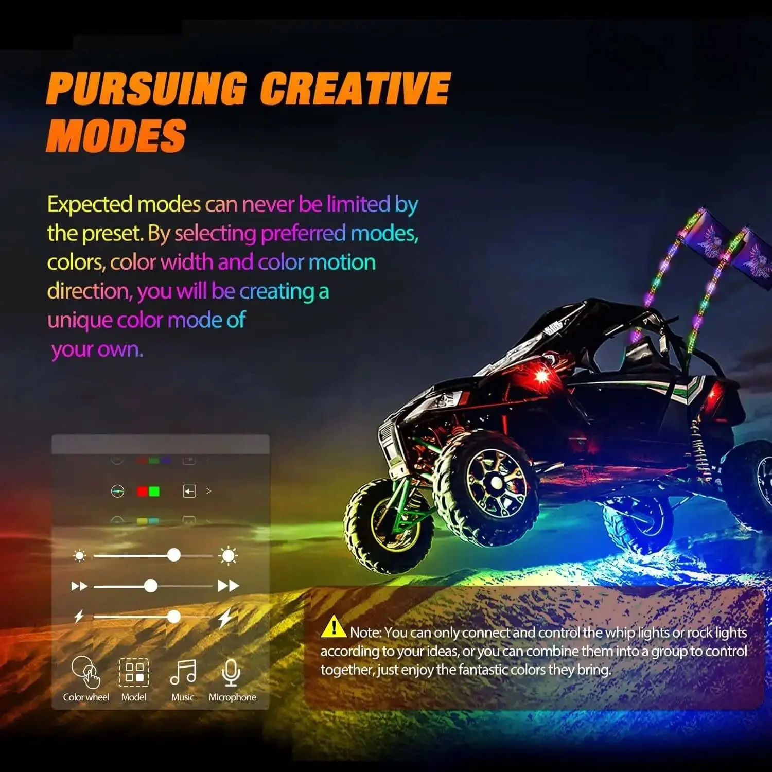 Lit 3Ft RGB LED Whip Light And Four Pack Rock Lights Kit With Bluetooth App And Remote Control DIY Chasing Patterns Stop Turn Reverse Safety Antenna Lighted Whips For ATV UTV - Image 7