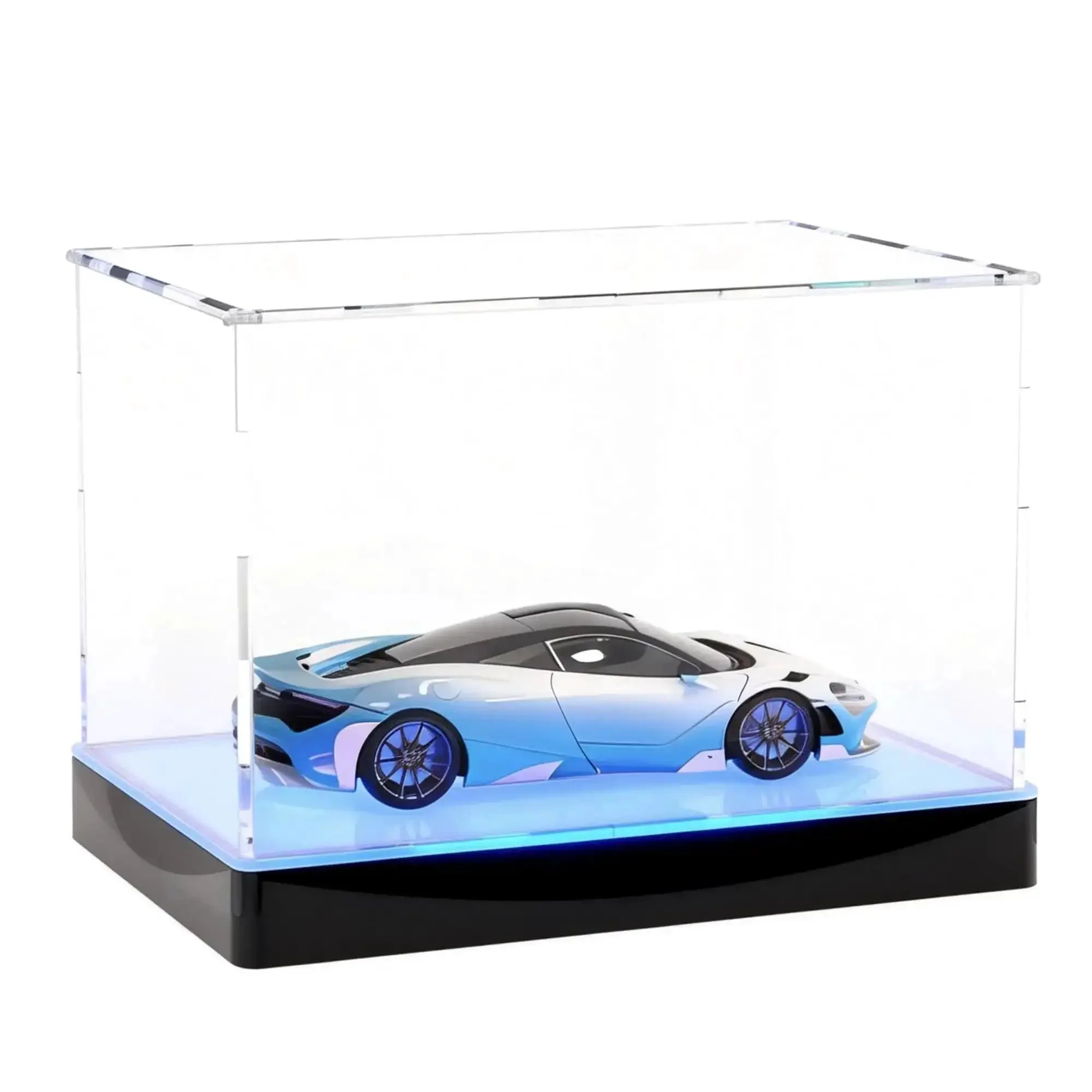 Lit Display Case With RGBW LED Lights USB Powered Switch Panel And App Control For 1:18 Scale Car Models And 1:24 Die Cast Collectibles Clear Museum Grade Display Box 13x6.7x6.3 Inches Easy Assembly
