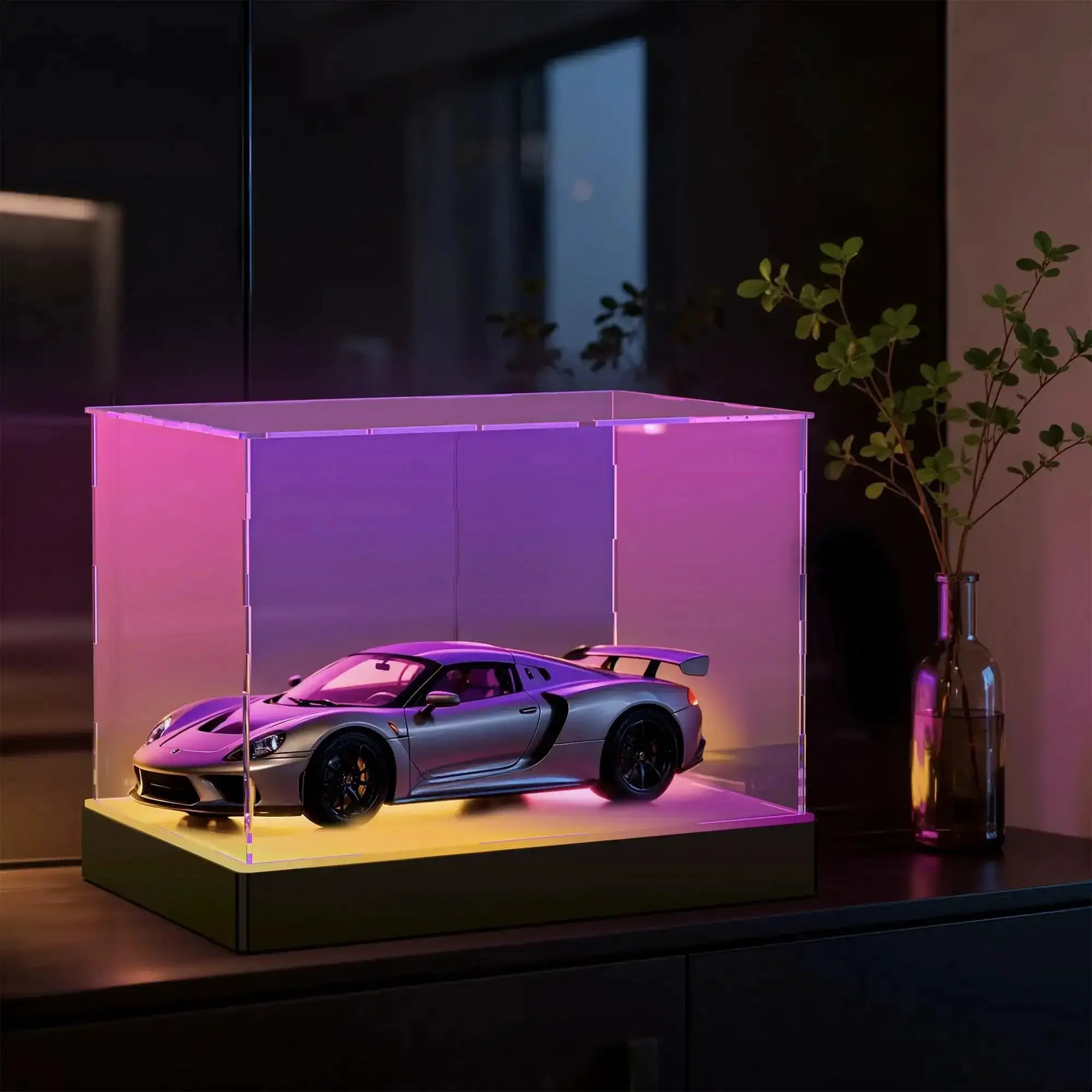 Lit Display Case With RGBW LED Lights USB Powered Switch Panel And App Control For 1:18 Scale Car Models And 1:24 Die Cast Collectibles Clear Museum Grade Display Box 13x6.7x6.3 Inches Easy Assembly - Image 5