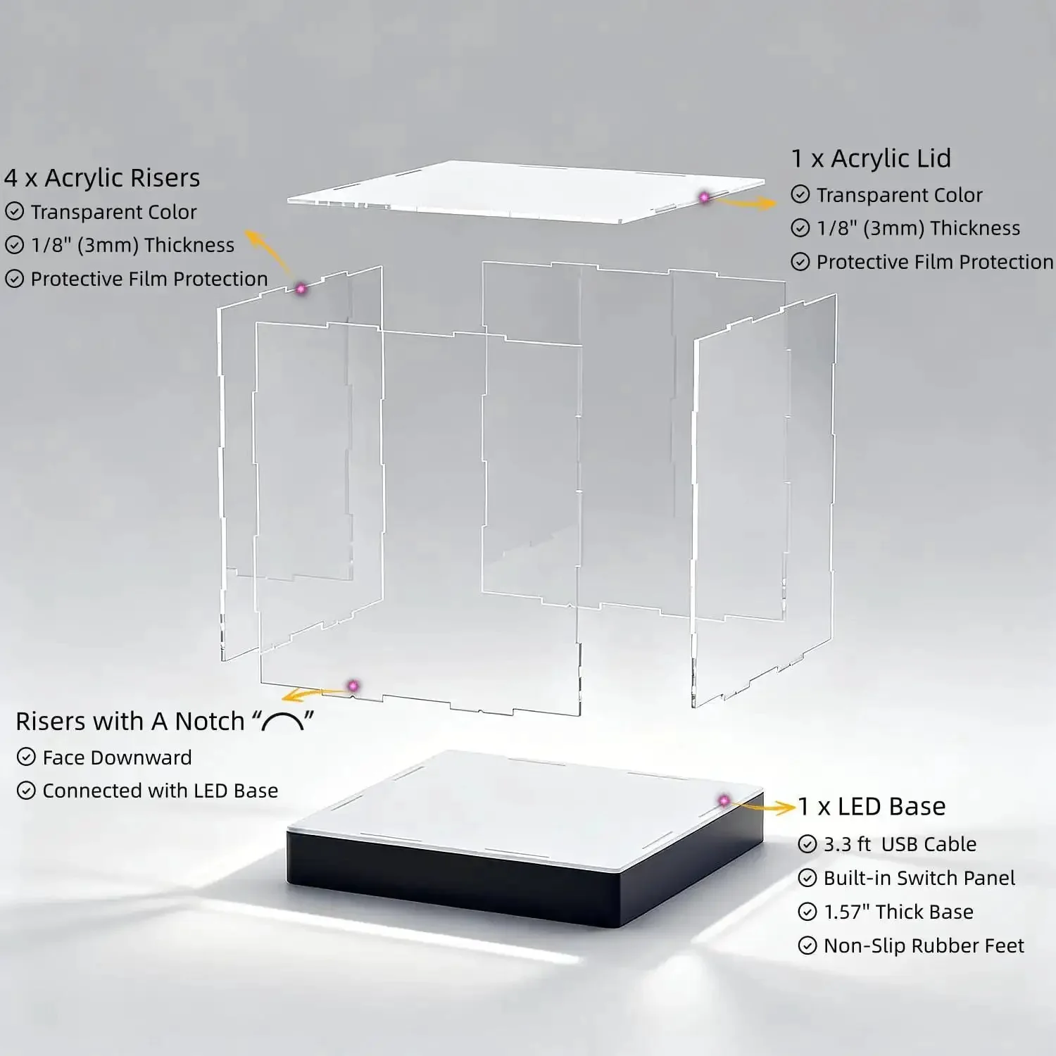 Lit Display Case With RGBW LED Lights USB Powered Switch Panel And App Control For 1:18 Scale Car Models And 1:24 Die Cast Collectibles Clear Museum Grade Display Box 13x6.7x6.3 Inches Easy Assembly - Image 7