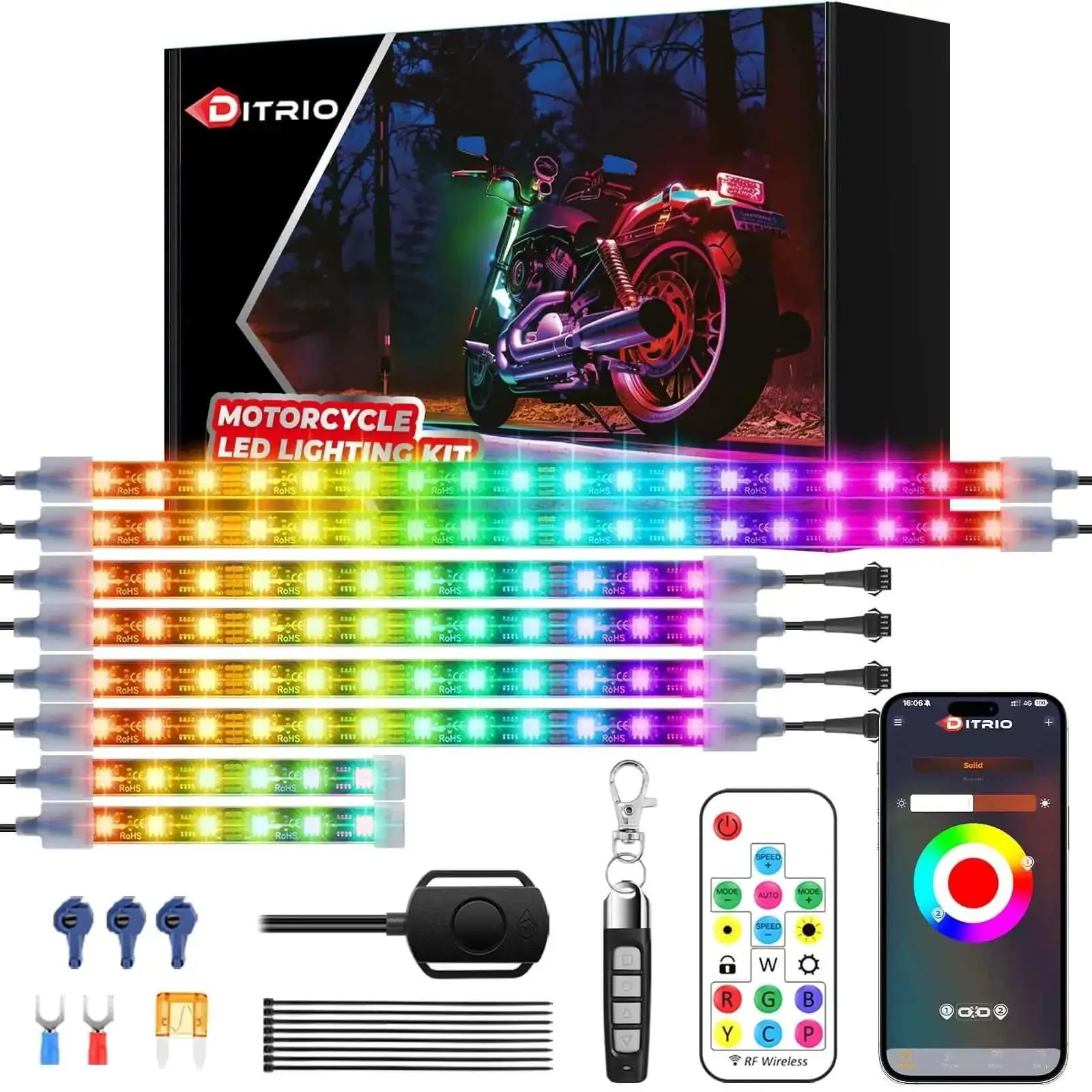 Lit Underglow LED Kit With Brake And Turn Signals For Motorcycles, RGB Lights With DITRIO App And RF Remote, Dual Zone, 12V Waterproof Pixelglow Effects For Motorcycles, Golf Carts, ATVs And UTVs