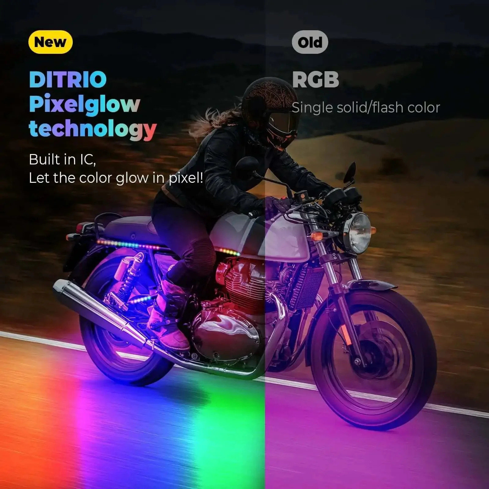 Lit Underglow LED Kit With Brake And Turn Signals For Motorcycles, RGB Lights With DITRIO App And RF Remote, Dual Zone, 12V Waterproof Pixelglow Effects For Motorcycles, Golf Carts, ATVs And UTVs - Image 2