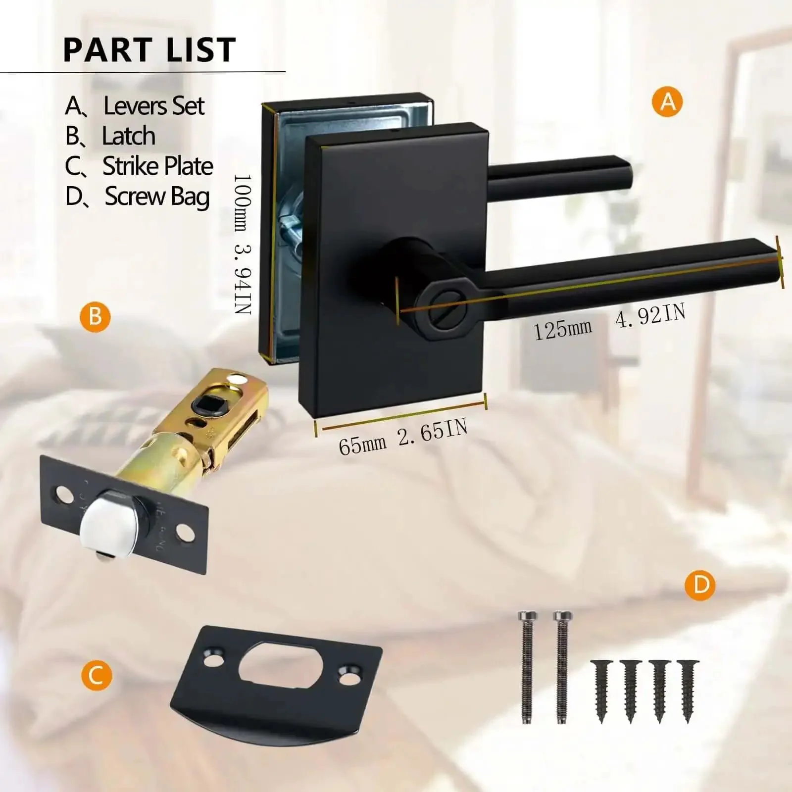 Long Plate Bed And Bath Room Door Lever With Privacy Lock Matte Black Finish Heavy Duty Interior Door Handle Reversible For Left Or Right Handed Doors Adjustable Backset 60mm Or 70mm Child Proof Button Lock - Image 2