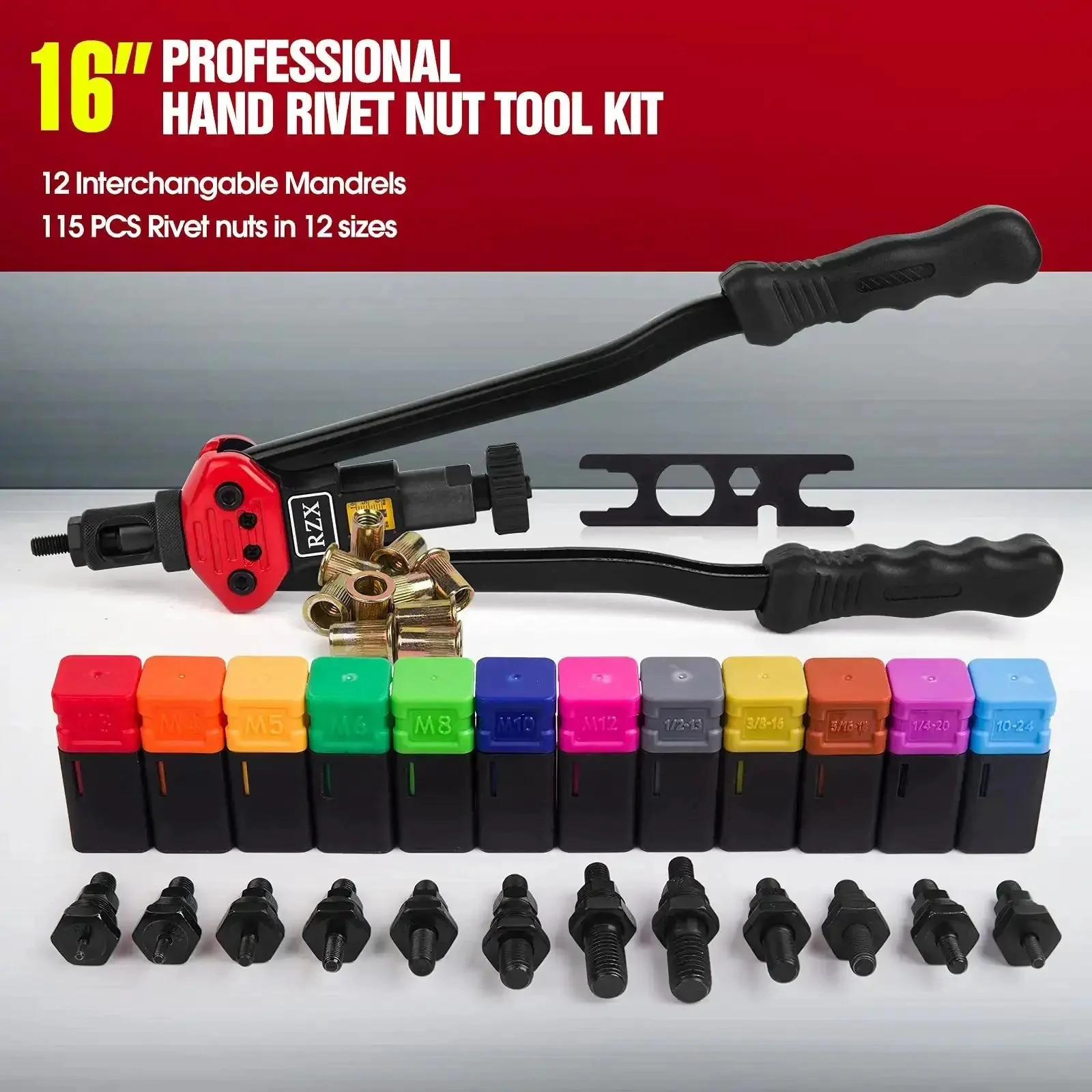 Long Reach Rivet Nut Tool With Tool Free Quick Change Head Handy Blind Riveter For M3 To M12 And 10-24 To 3/8-16 Includes 11 Mandrels And 110 Rivet Nuts Ergonomic 16 Inch Design For Auto Shop And DIY Projects - Image 4