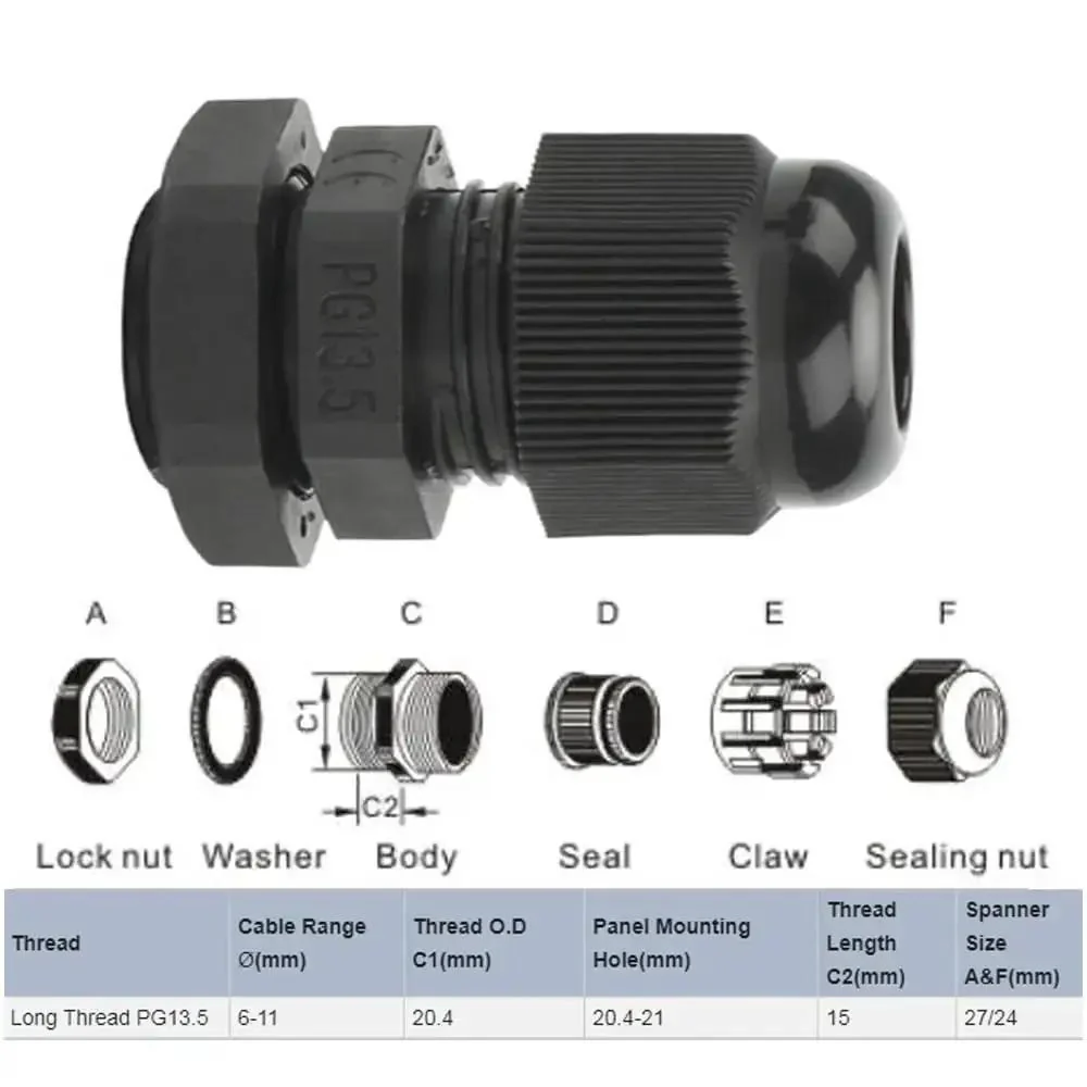 Long Thread PG13.5 Plastic Cable Gland Nylon 10 Pack With Gaskets Weatherproof IP68 To 5 Bar 6mm To 12mm Cord Grip For Thick Electrical Boxes Rugged Conduit And Cord Grip Adapters - Image 5