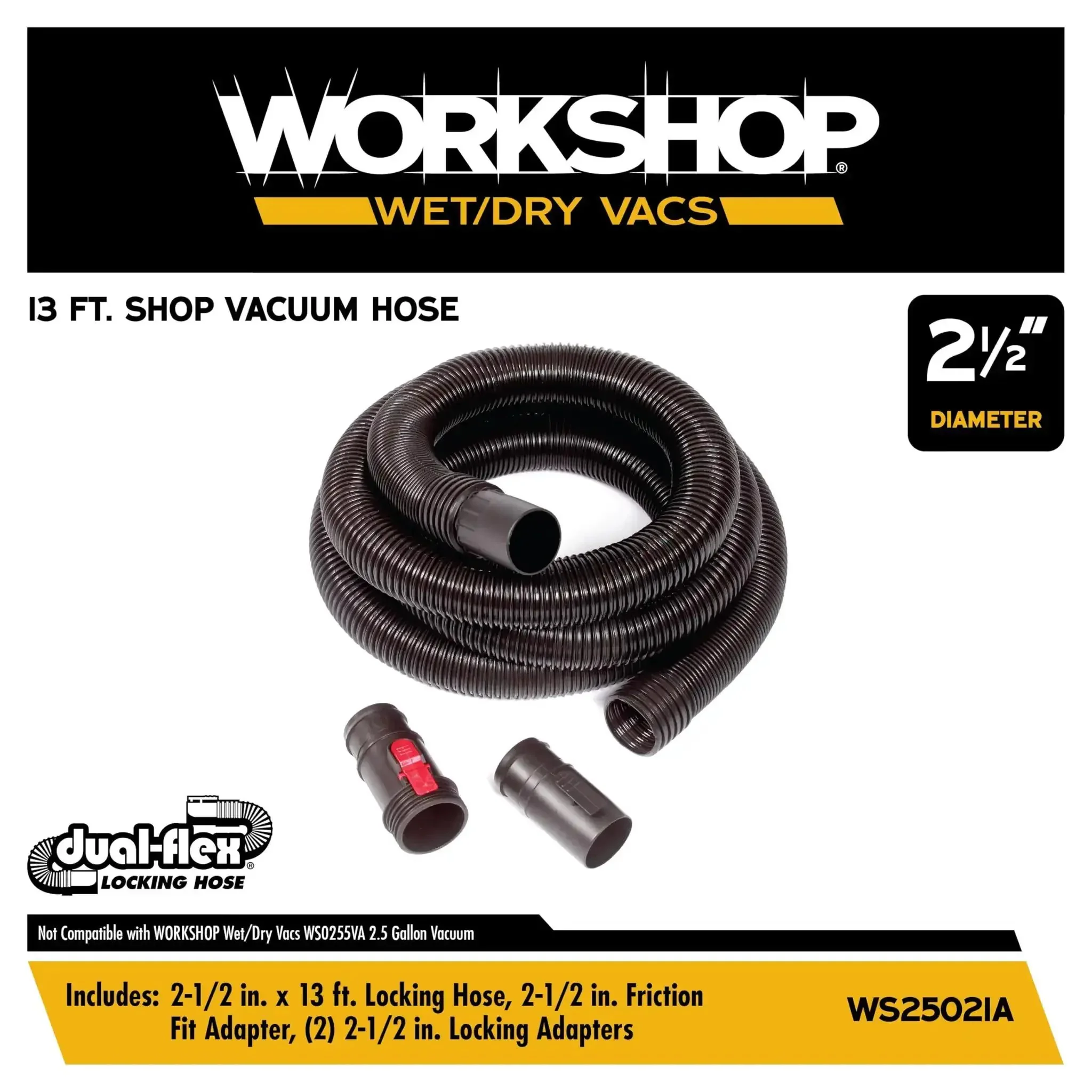 Long Two And A Half Inch By Thirteen Foot Locking Wet And Dry Shop Vacuum Hose With Dual Flex Ends For 180 Degree Reach And Easy Maneuvering Anti Crimp Design Includes Adapters To Fit Most Vacuums Great For Garage And Shop Cleanup - Image 9