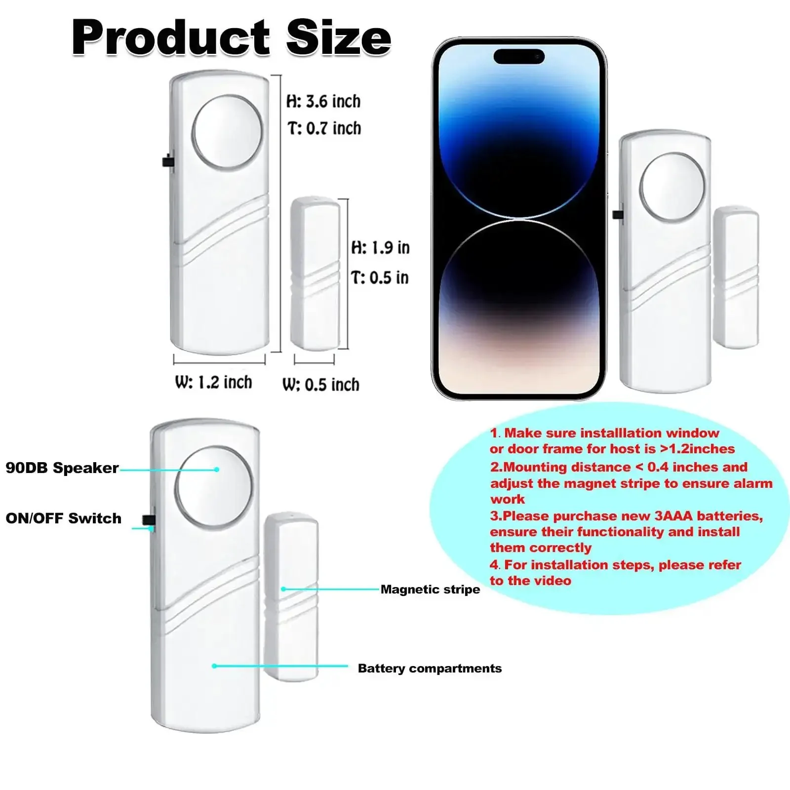 Loud Wireless Door And Window Alarm Pack Easy Install Magnetic Sensor Burglar Alarm System For Home Office Kids Safety And Pool Area 90dB Entry Alert 4 Pack - Image 3
