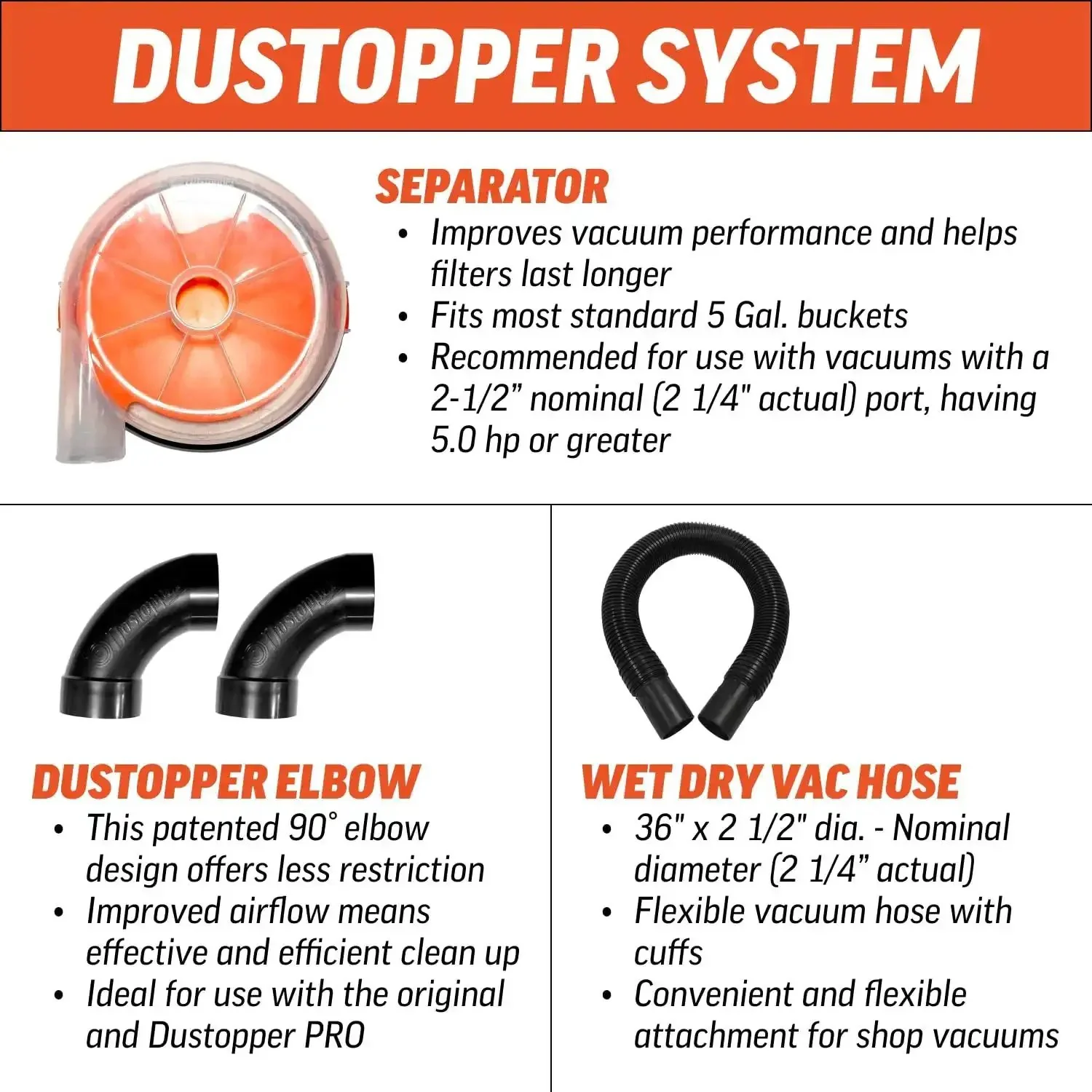 Low Profile Dust Separator Pro Grade For Your Shop Vacuums With High Flow 90 Degree Sweep Elbows And Connection Hose Fits Standard 5 Gallon Buckets Made In USA - Image 8