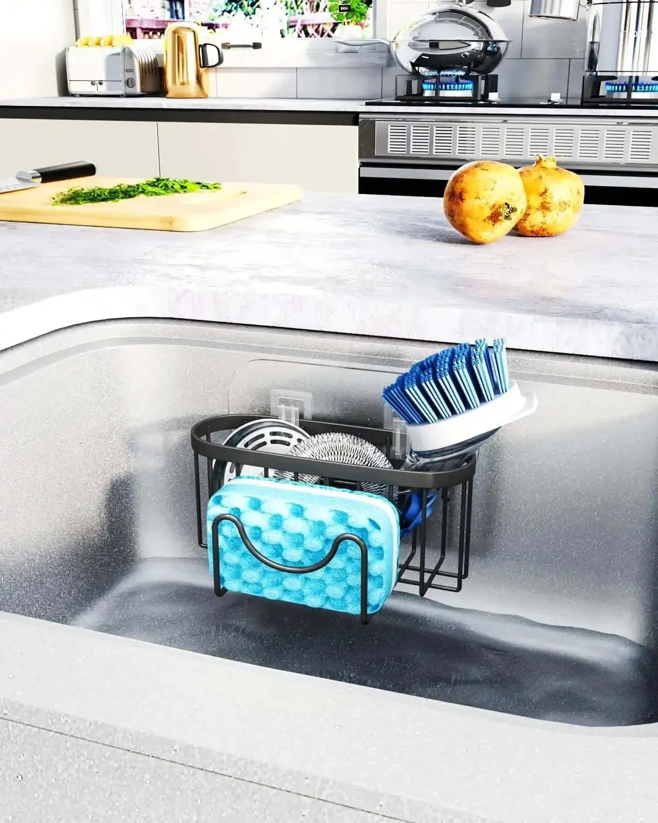 M Shaped Stainless Steel Kitchen Sink Caddy With Dual Mount Options And Rustproof Build Holds Sponges And Brushes Plus Sink Stopper And Scrapers For Easy Dish Station Organization - Image 2
