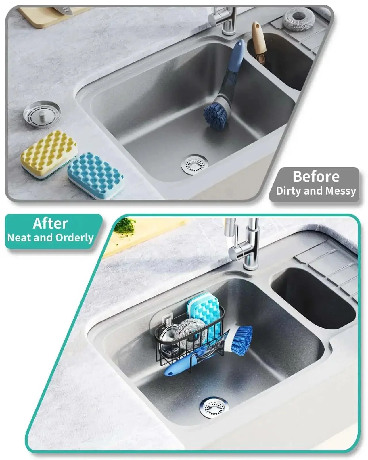 M Shaped Stainless Steel Kitchen Sink Caddy With Dual Mount Options And Rustproof Build Holds Sponges And Brushes Plus Sink Stopper And Scrapers For Easy Dish Station Organization - Image 3