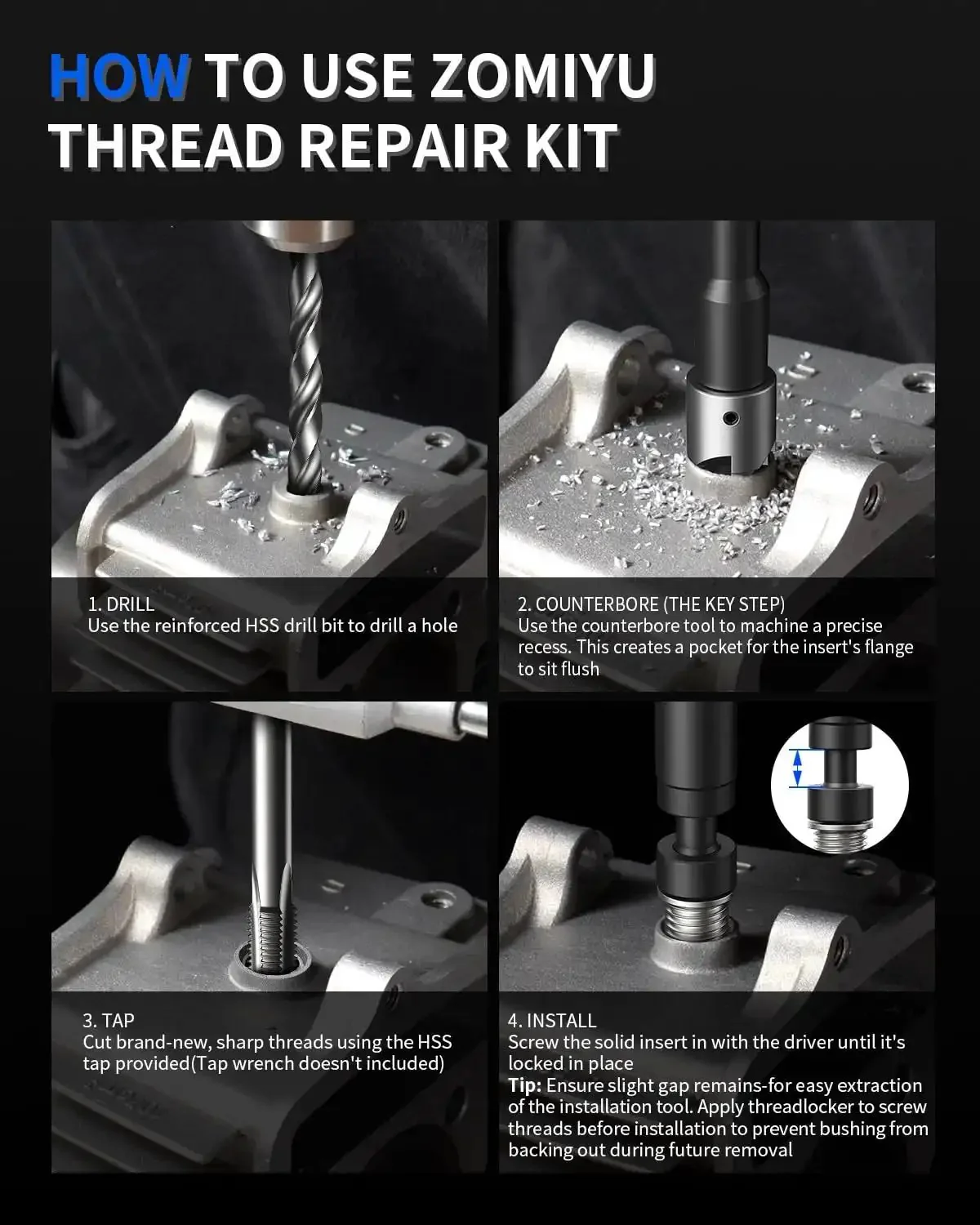 M10x1.25 Thread Repair Kit With HSS Drill Tap Counterbore And Installation Driver For Fixing Stripped Threads In Engines Auto Parts UTV Motorcycles And Bicycles Includes 10 Stainless Steel Inserts 14mm Long DIY Friendly - Image 2