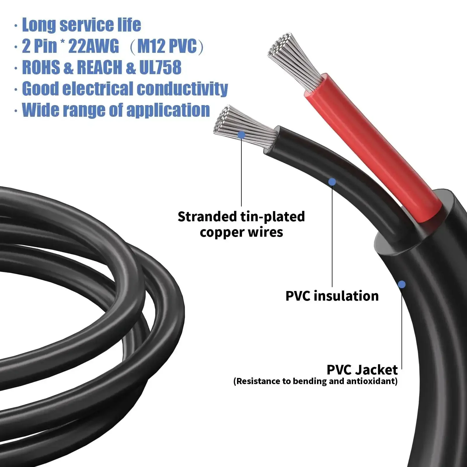 M12 2 Pin Waterproof Connector Set Heavy Duty For LED Strip Lights 22 AWG 5 Pairs With 25 Cm Extension Cables IP65 Indoor Outdoor Male And Female Plug For Easy Quick Connect - Image 6