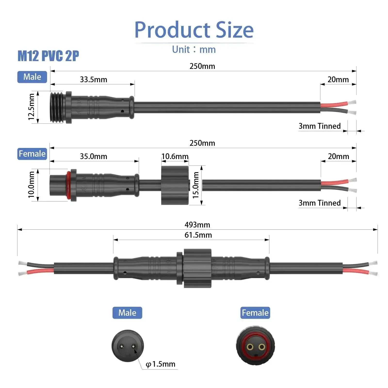 M12 2 Pin Waterproof Connector Set Heavy Duty For LED Strip Lights 22 AWG 5 Pairs With 25 Cm Extension Cables IP65 Indoor Outdoor Male And Female Plug For Easy Quick Connect - Image 7