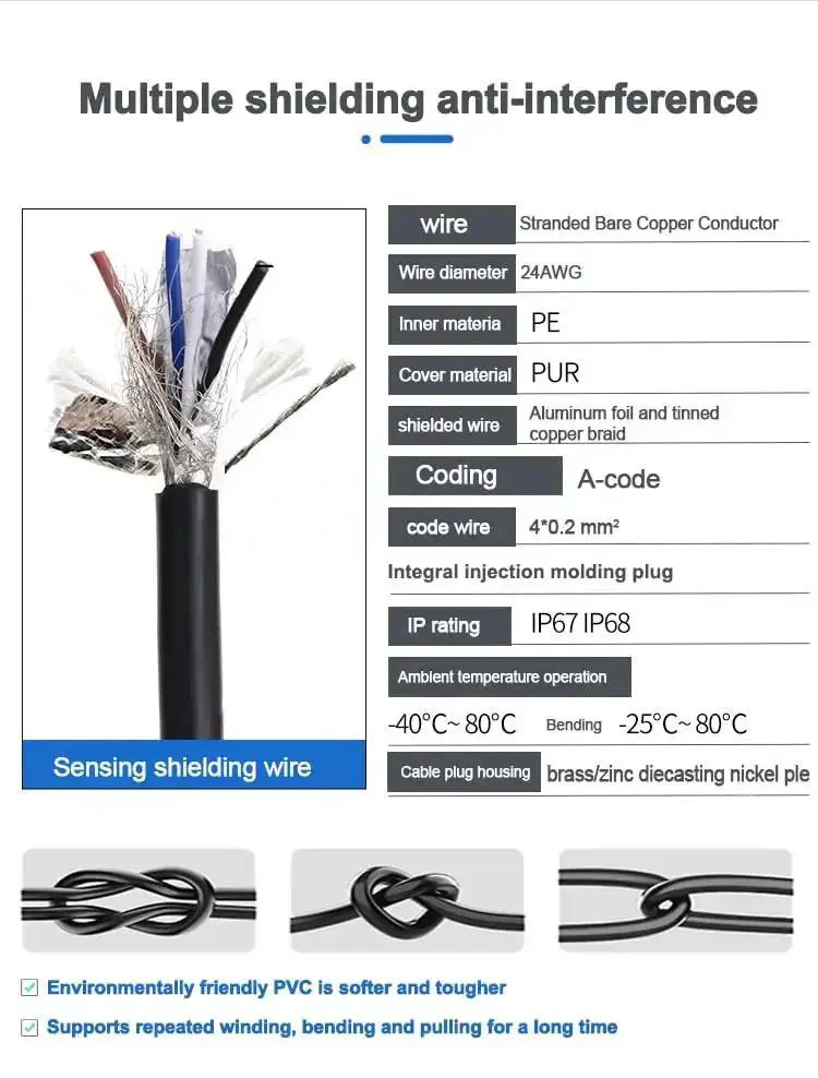 M12 4 Pin A Code Aviation Connector Cable For Sensor And Actuator Devices Straight Or 90 Degree Male Or Female Shielded PVC C Black Easy Quick Connect - Image 2