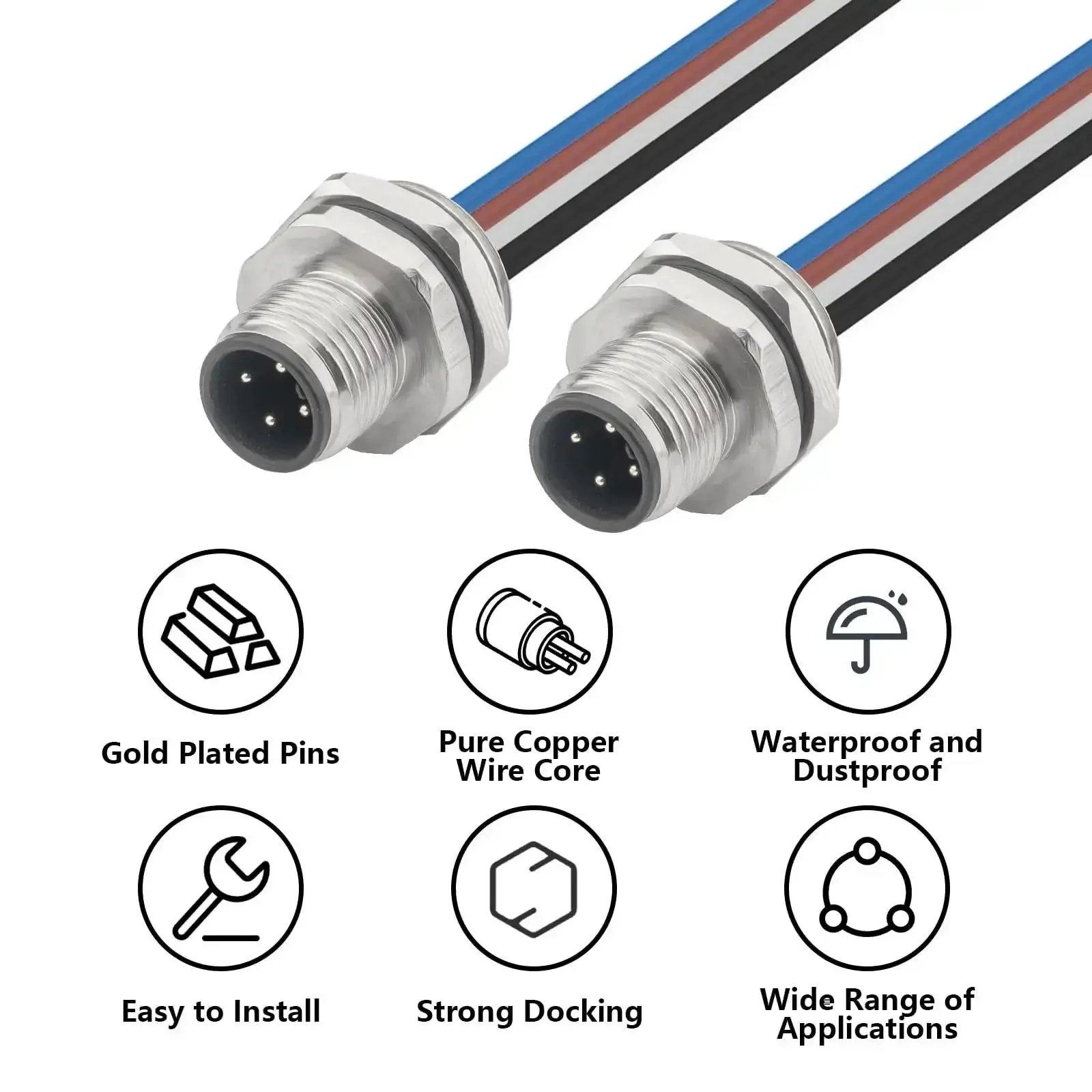 M12 4 Pin A Code Male Connector Cable 0.2M IP67 Waterproof Industrial Circular Connector Built Tough Back Mount Straight Unshielded Aviation Socket Sensor Receptacle 2 Pack - Image 4