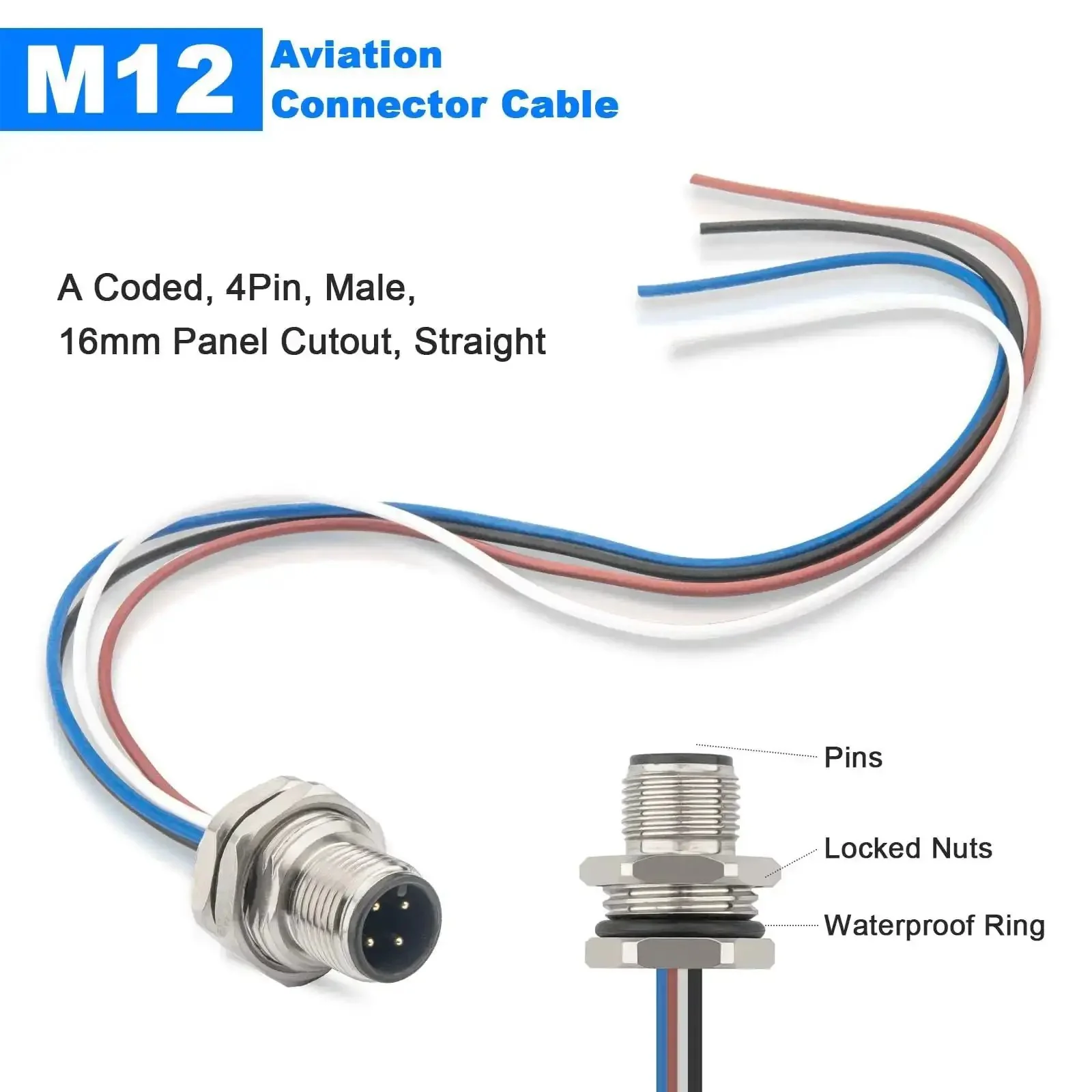 M12 4 Pin A Code Male Connector Cable 0.7 Ft Panel Mount Extension Cable Outdoor IP67 Waterproof Bulkhead Connector for Industrial Sensors and PLCs 2 Pack - Image 2