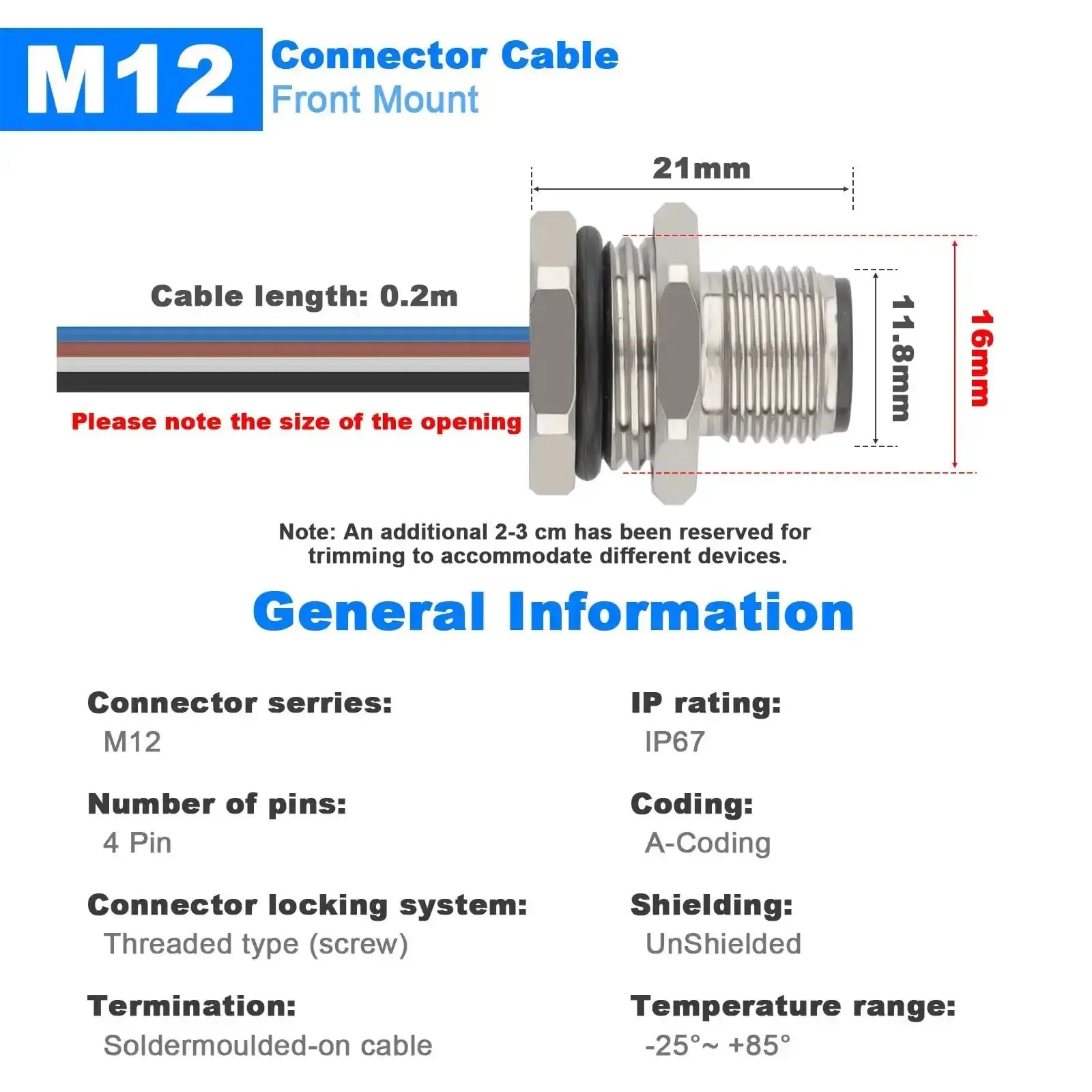 M12 4 Pin A Code Male Connector Cable 0.7 Ft Panel Mount Extension Cable Outdoor IP67 Waterproof Bulkhead Connector for Industrial Sensors and PLCs 2 Pack - Image 3