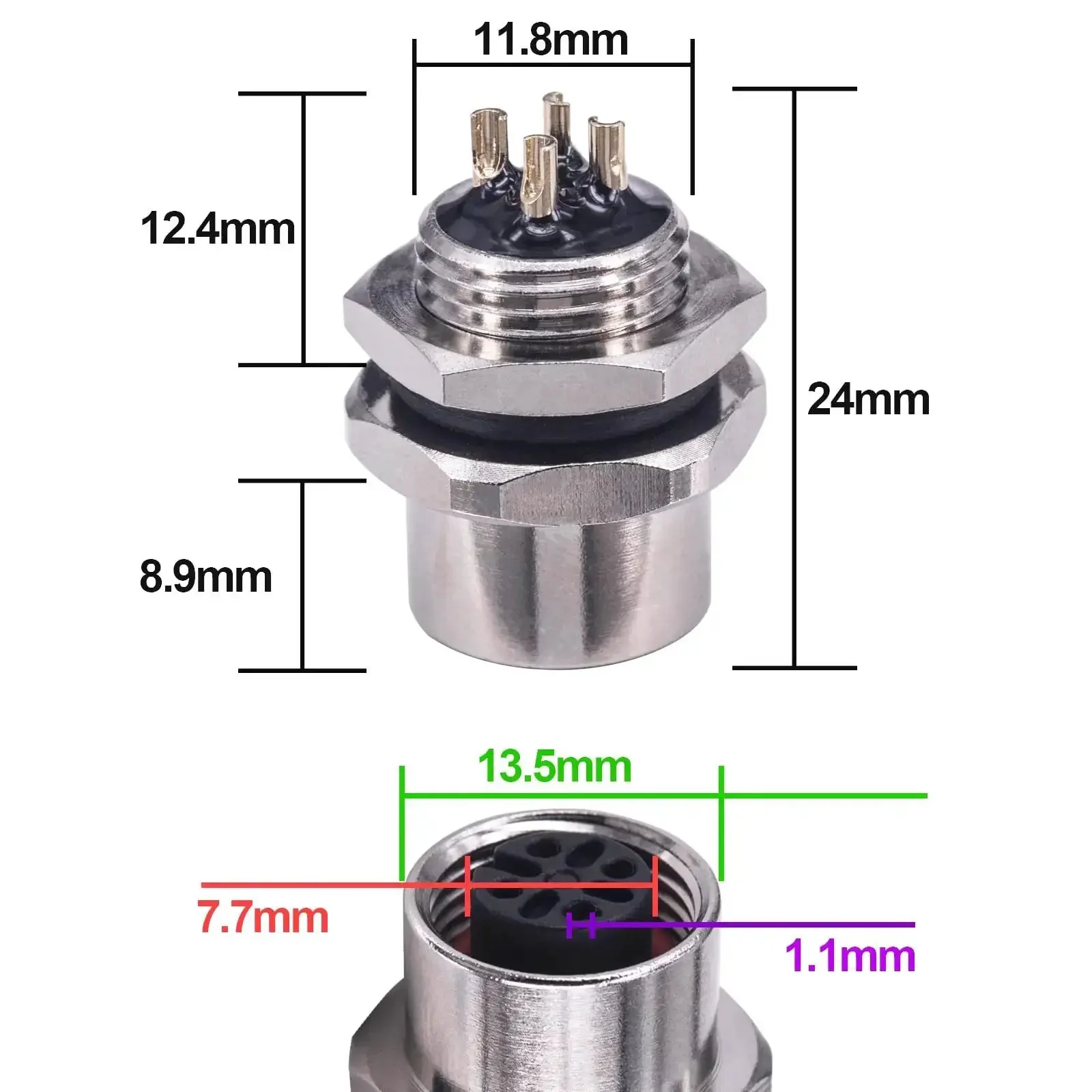 M12 4 Pin A Coded Female Straight IP67 Waterproof Rear Bulkhead Panel Receptacles Cable Solder Type Field Assembly Sensor Actuator Panel Mount Connector 12mm 5 Pack - Image 2