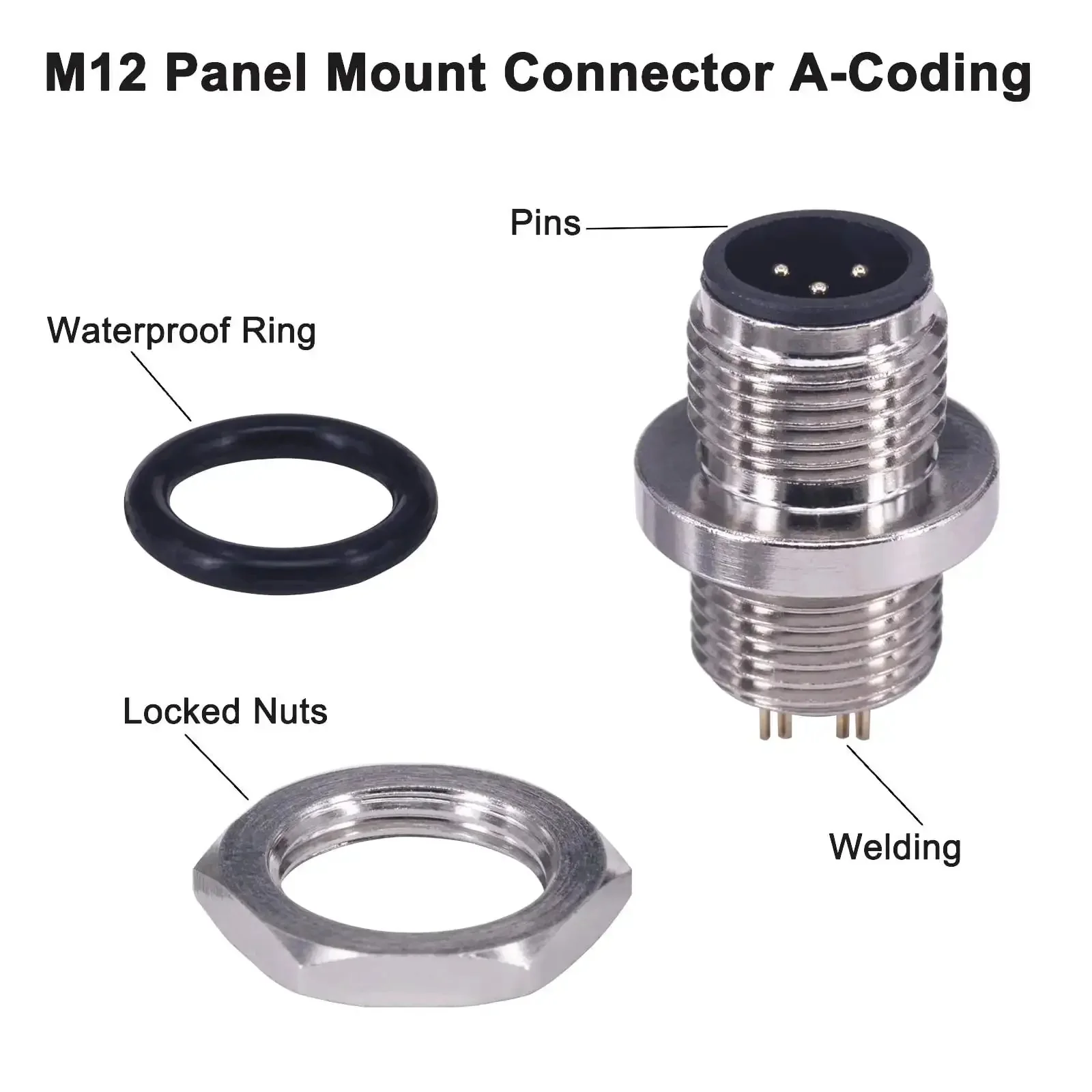 M12 4 Pin Male Aviation Panel Mount Connector IP67 Waterproof 12mm Back Mount Socket For Chassis And Sensor Wiring Solid Nylon Body Screw Joint Unshielded 5 Pack - Image 6
