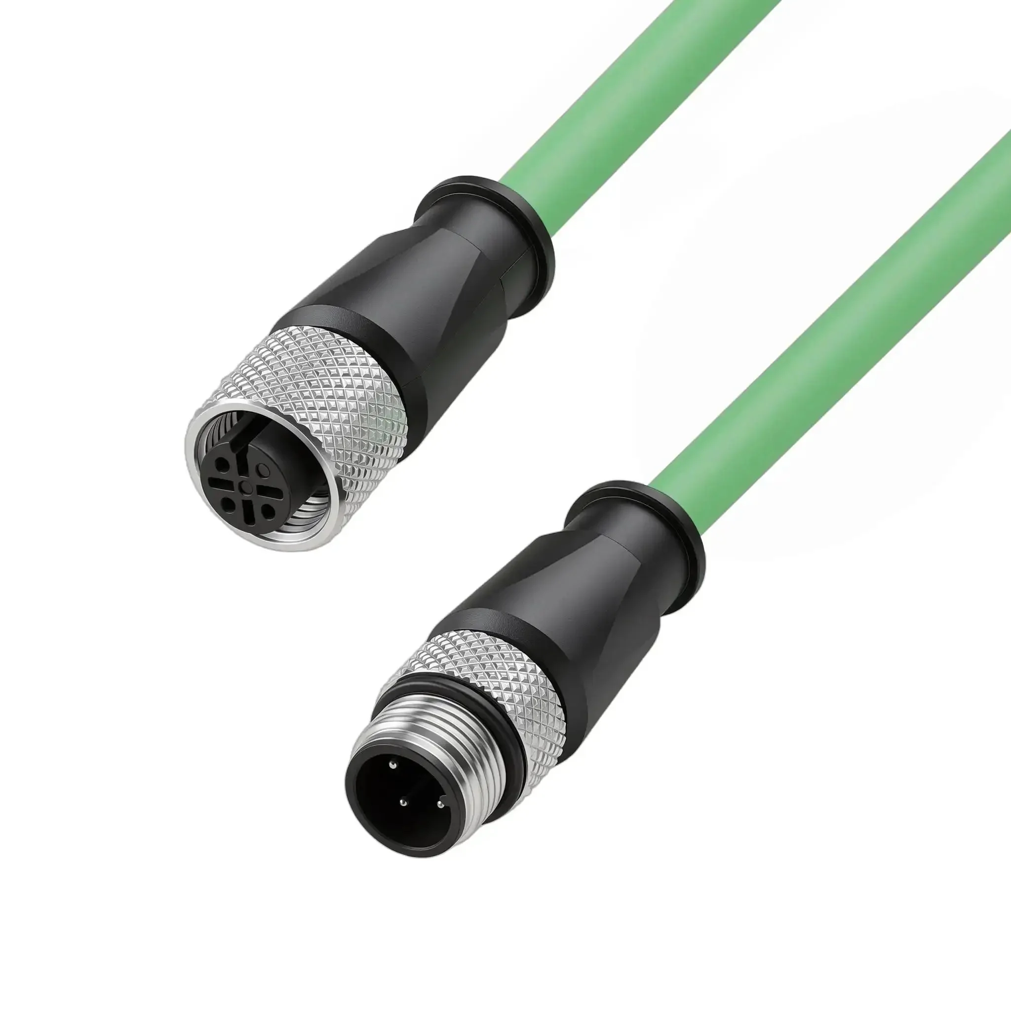 M12 4 Pin To 5 Pin Connector Cable For Actuator And Sensor, Male To Female, Shielded Signal Wire, Green, 2M Length, IP67 Rated, Minus Forty To One Hundred Five Celsius, Metal Housing, Durable Industrial Grade
