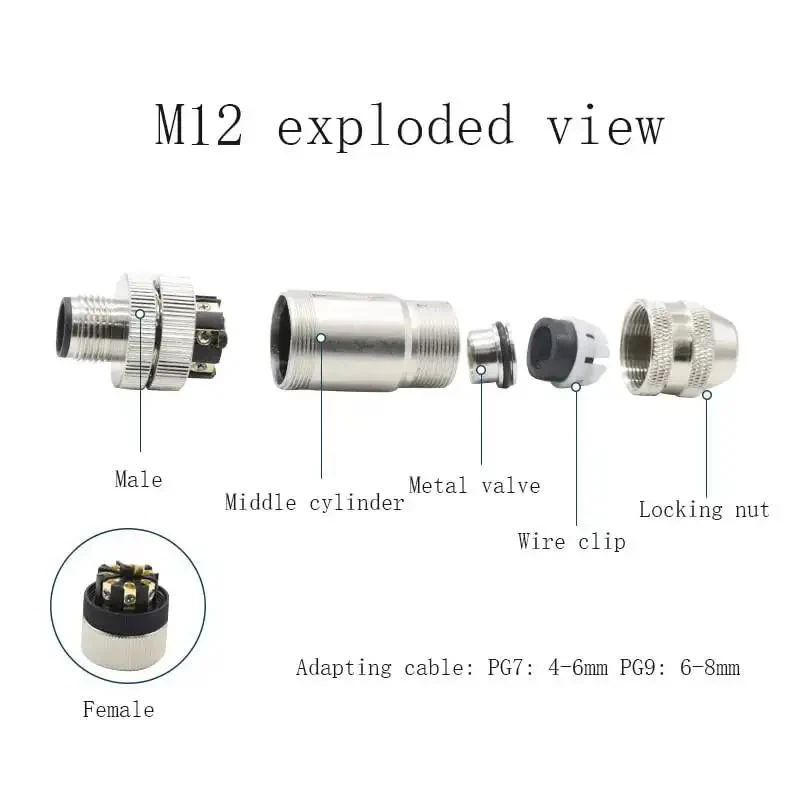 M12 5 Pin Male Connector B Coding Circular Field Wireable IP67 Waterproof Shielded Metal Shell Built Tough Straight Type Adapter For PG7 And PG9 60V 4A AC DC Screw Crimping Sensor Use - Image 7