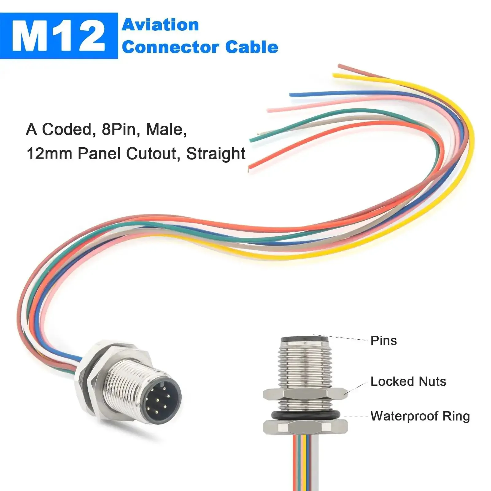 M12 Connector Cable With A Coded 8 Pin Male Straight Front Mount Unshielded 0.2M Long IP67 Waterproof Aviation Sensor Lead For Panel And Cable Use Quick Install Ready - Image 2
