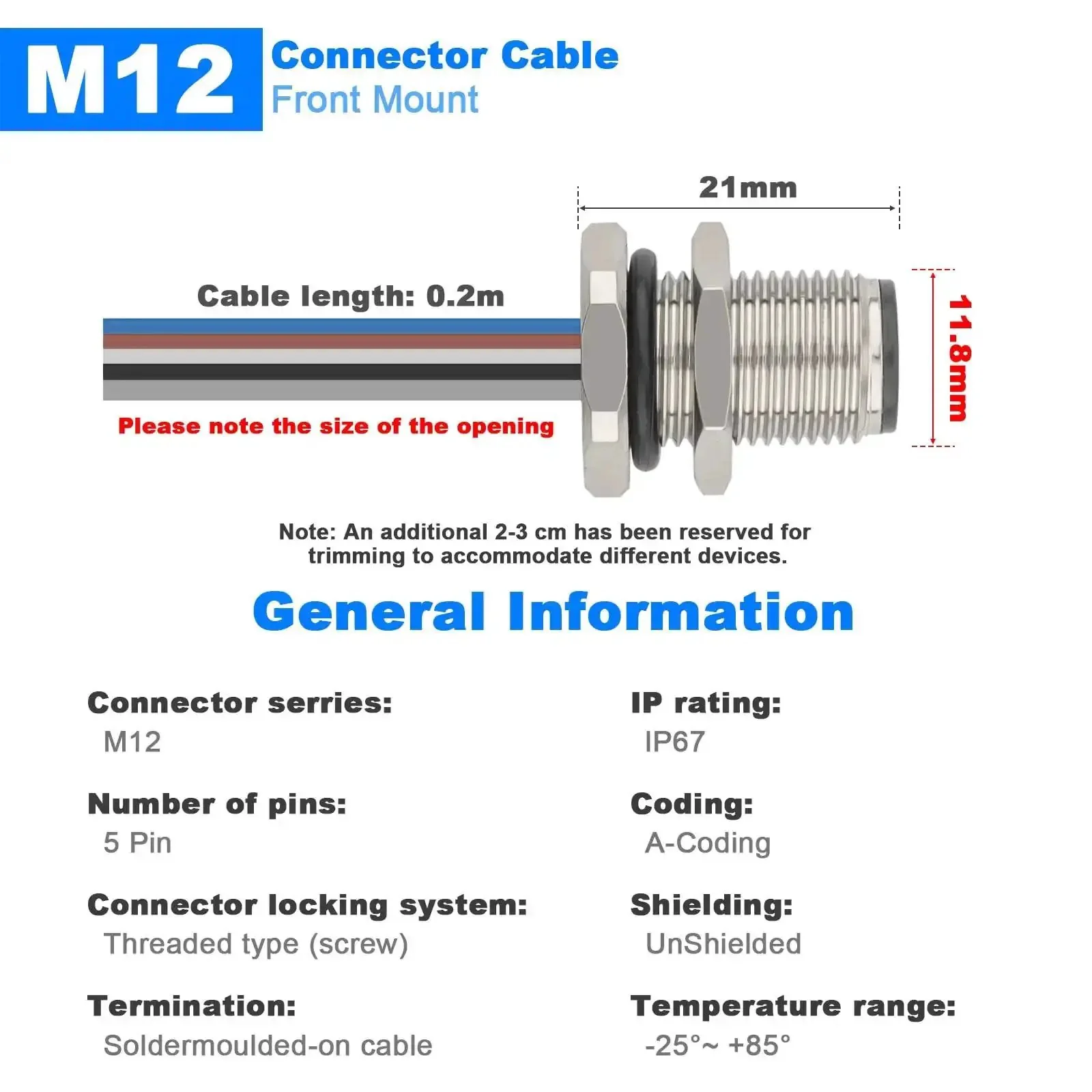 M12 Connector Cable With A Coded 8 Pin Male Straight Front Mount Unshielded 0.2M Long IP67 Waterproof Aviation Sensor Lead For Panel And Cable Use Quick Install Ready - Image 3