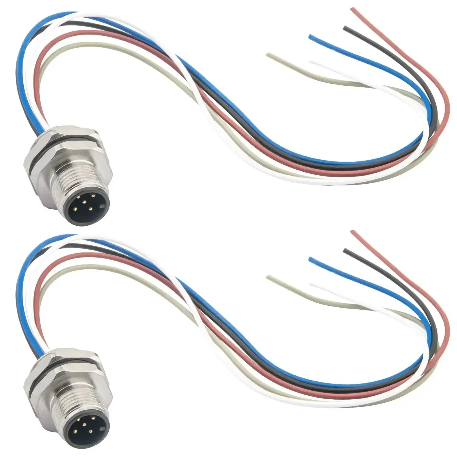 M12 Rugged 5 Pin A Code Male Connector Cable Back Mount IP67 Waterproof Unshielded Straight Aviation Socket 0.2 Meter Trimmed Base 16mm 2 Pack For Panels And Machinery