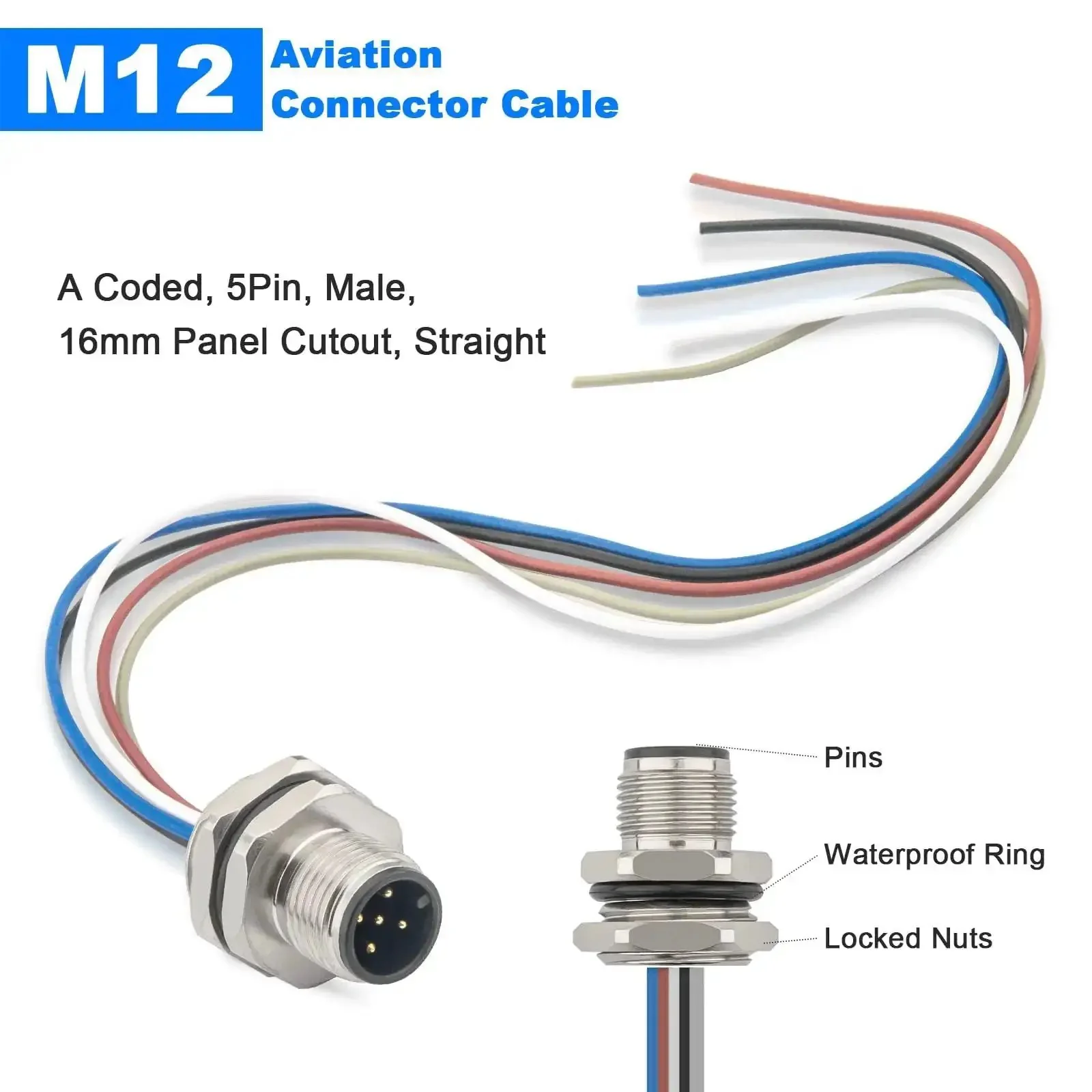M12 Rugged 5 Pin A Code Male Connector Cable Back Mount IP67 Waterproof Unshielded Straight Aviation Socket 0.2 Meter Trimmed Base 16mm 2 Pack For Panels And Machinery - Image 2