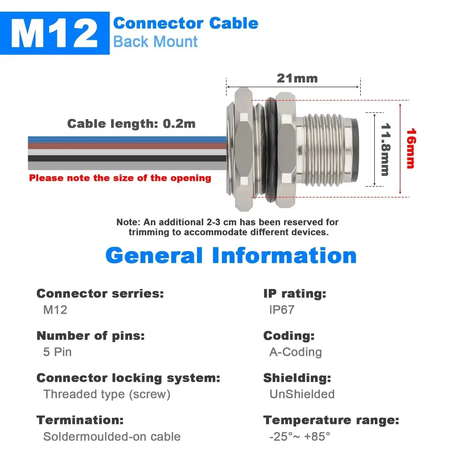 M12 Rugged 5 Pin A Code Male Connector Cable Back Mount IP67 Waterproof Unshielded Straight Aviation Socket 0.2 Meter Trimmed Base 16mm 2 Pack For Panels And Machinery - Image 3