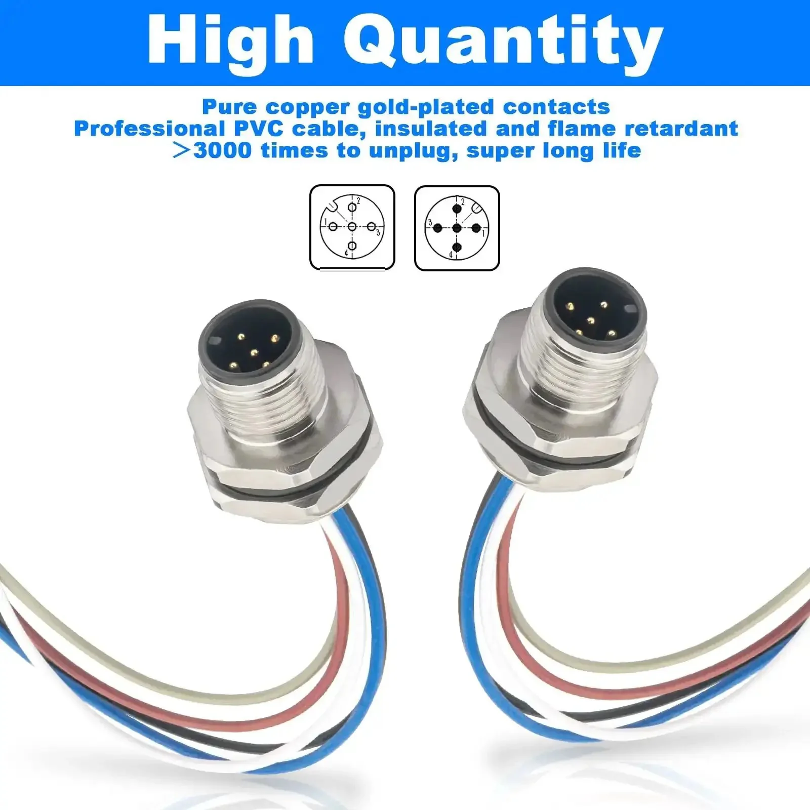 M12 Rugged 5 Pin A Code Male Connector Cable Back Mount IP67 Waterproof Unshielded Straight Aviation Socket 0.2 Meter Trimmed Base 16mm 2 Pack For Panels And Machinery - Image 7