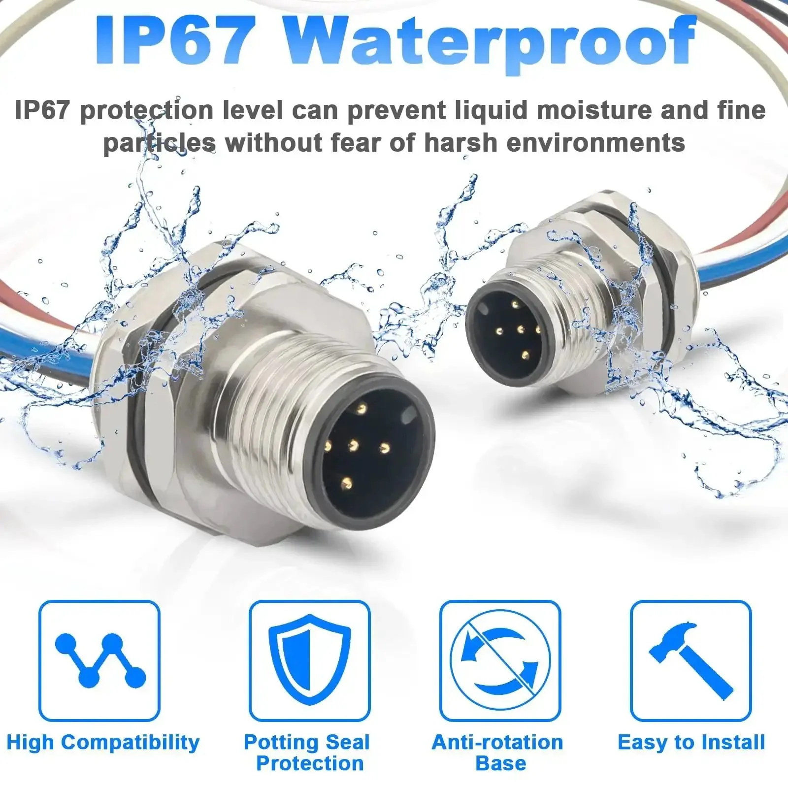 M12 Rugged 5 Pin A Code Male Connector Cable Back Mount IP67 Waterproof Unshielded Straight Aviation Socket 0.2 Meter Trimmed Base 16mm 2 Pack For Panels And Machinery - Image 9