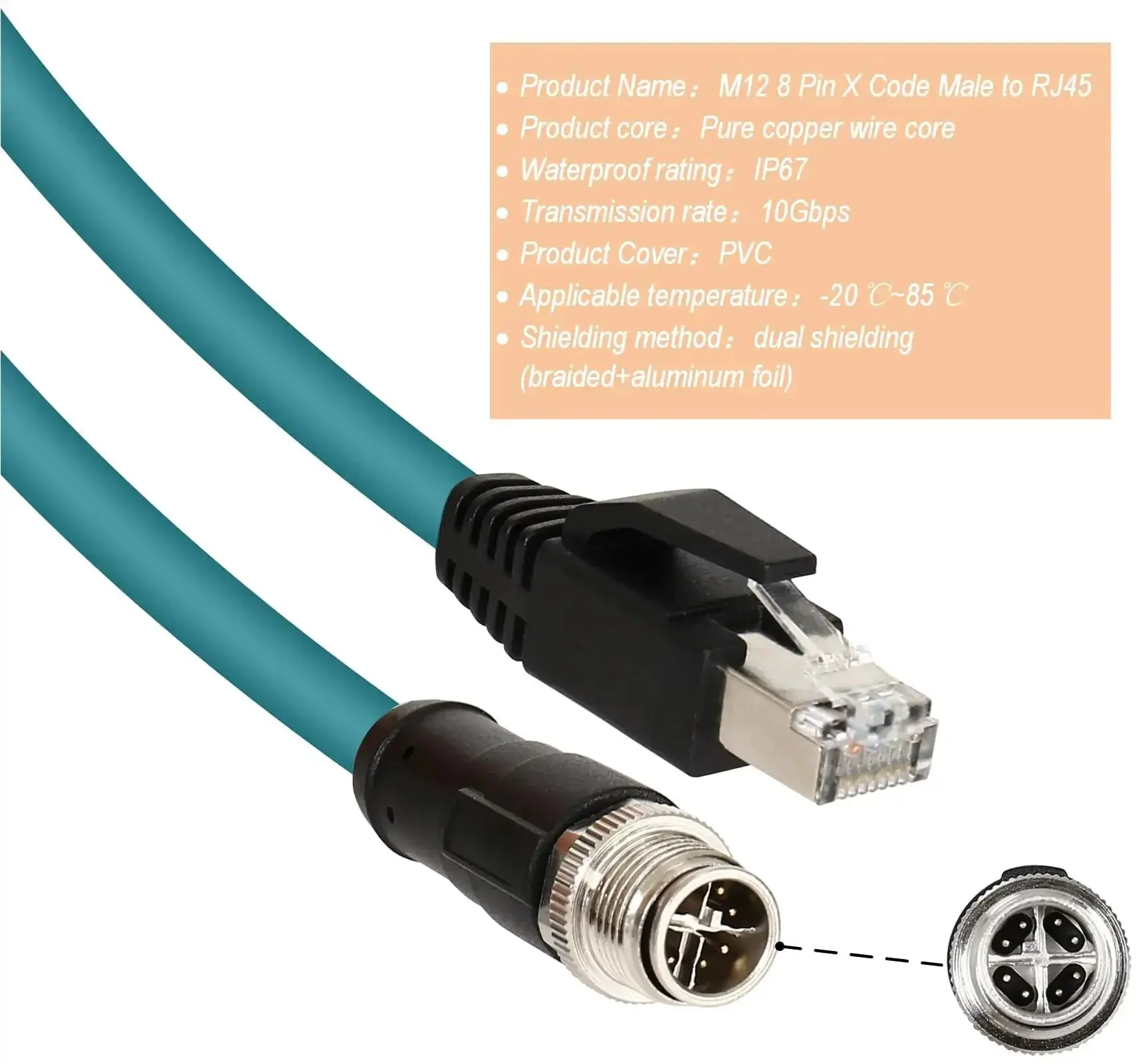 M12 To RJ45 8 Pin X Coded Shielded CAT6A High Flex Industrial Ethernet Cable For Automation PLC Fieldbus And Sensor Applications Up To 10Gbps For Harsh Industrial Environments With EMI RFI Shielding - Image 6