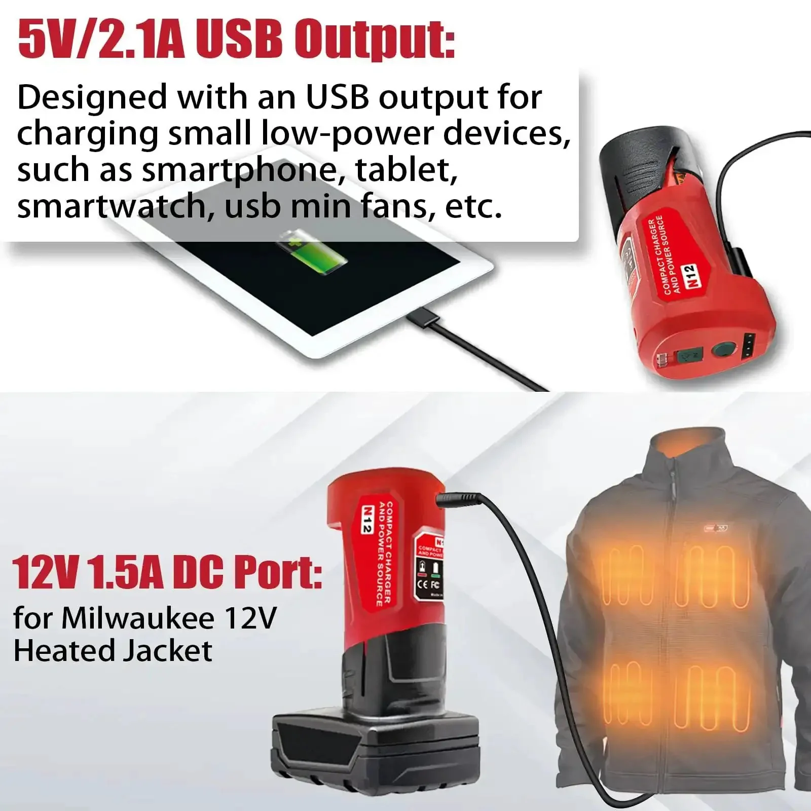 M12 USB Power Source Charger Adapter For 12V Battery Type C Input 2.1A USB Port And 12V DC Outlet A Handy Hassle Free Grab And Go Charging Hub For M12 Batteries Replace Part Number 48 59 1201 - Image 2