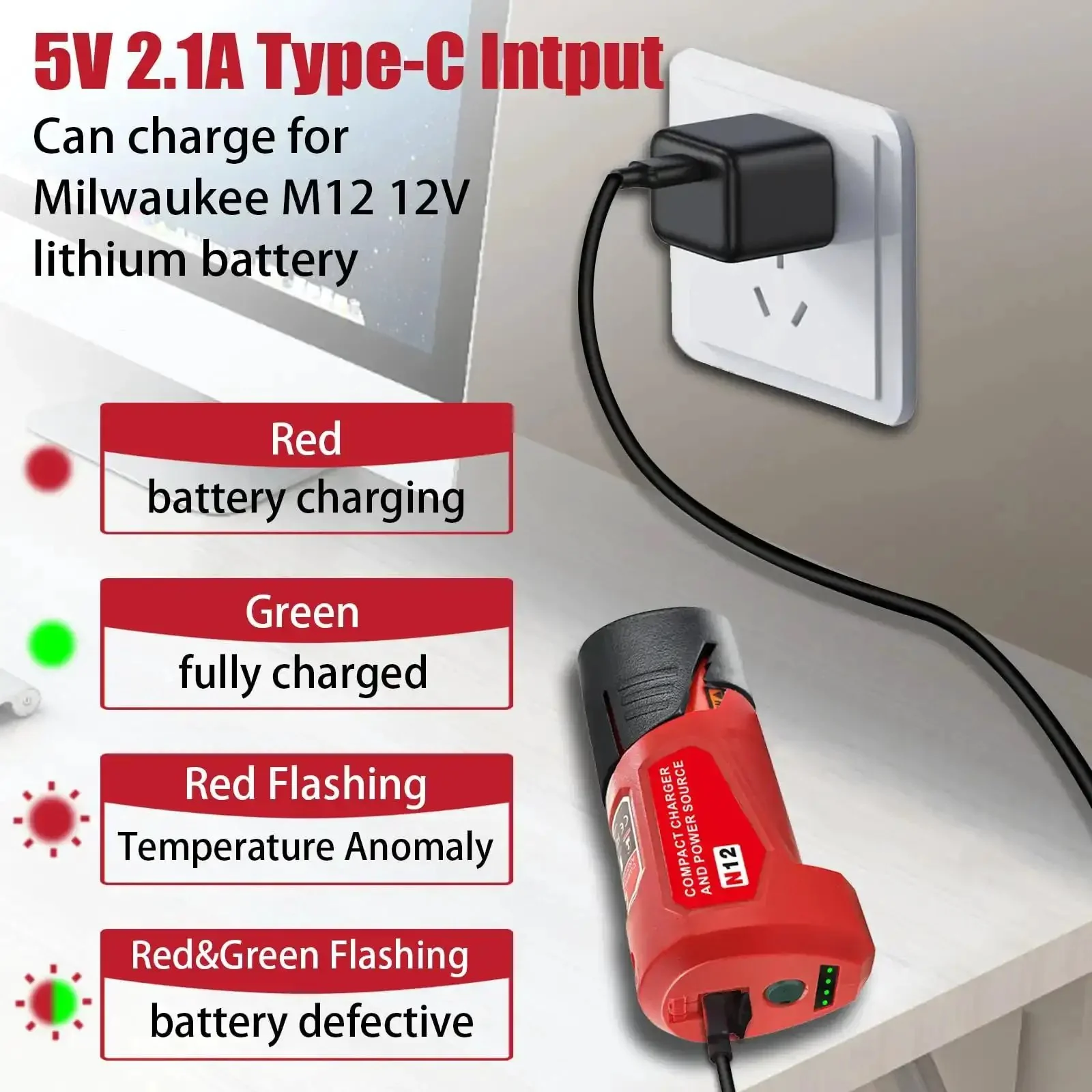 M12 USB Power Source Charger Adapter For 12V Battery Type C Input 2.1A USB Port And 12V DC Outlet A Handy Hassle Free Grab And Go Charging Hub For M12 Batteries Replace Part Number 48 59 1201 - Image 3