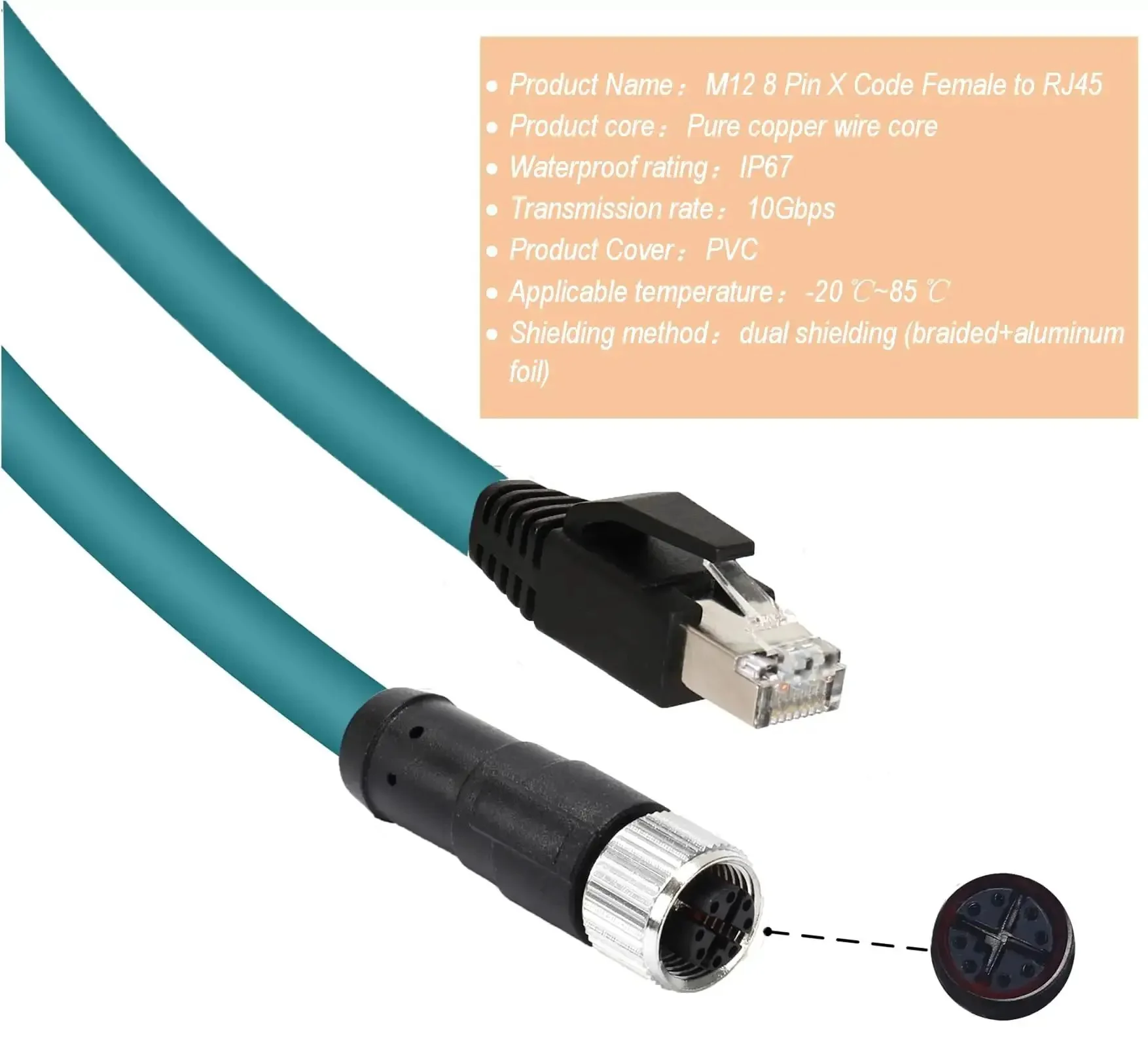 M12 X Coded 8 Pin Female To RJ45 Cat7e Ethernet Patch Cable For Industrial Automation Pro Grade Actuators And Sensors IP67 Waterproof Gold Plated Contacts Corrosion Resistant EIA TIA 568B Profibus Ready - Image 7