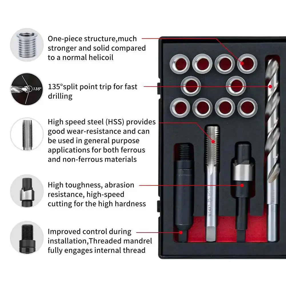 M12X1.75 Thread Repair Kit With Stainless Steel Inserts Drill Tap Counterbore And Install Driver 10 Pcs M12 Thread Inserts For Damaged Threads Pro Grade Heavy Duty DIY Tool Set In Custom EVA Box - Image 8